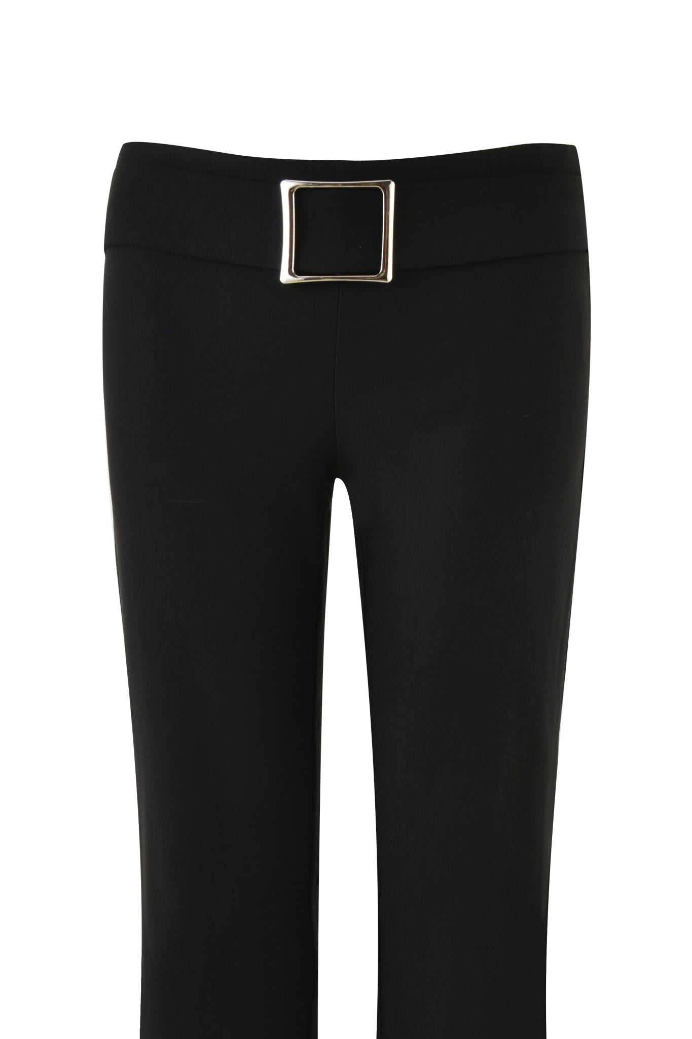 The SHARAH PANT - BLACK by I.AM.GIA features a low rise waistline with a thick belted waistband, highlighted by a square metallic buckle in the center. These sleek and fitted pants are showcased against a plain white background.