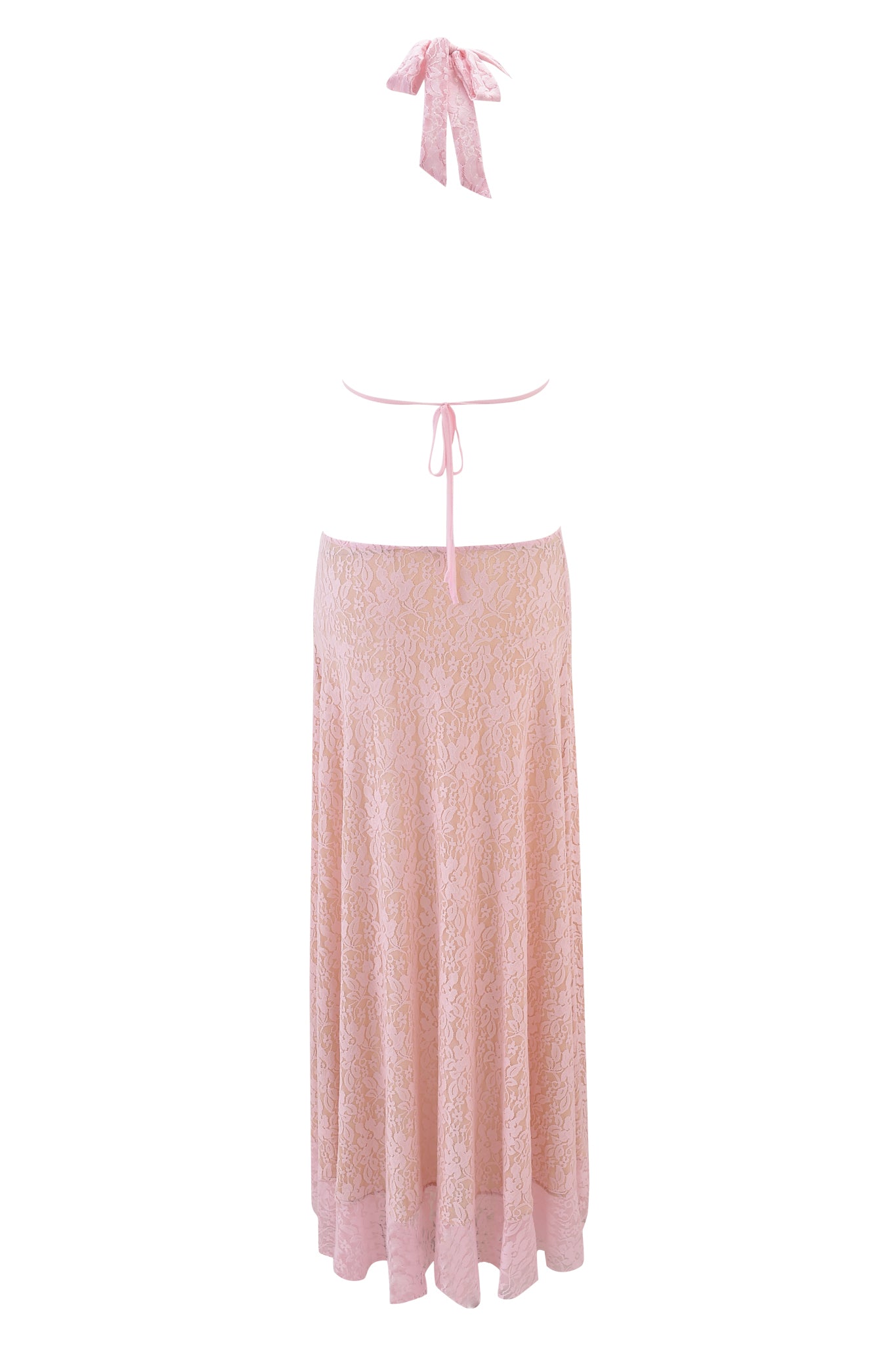 The IRISIA LACE HALTER MAXI DRESS by I.AM.GIA in baby pink features a bow-tied halter strap, open mid-back, and a long flowy skirt with an asymmetrical ruffle hem for an elegant look.