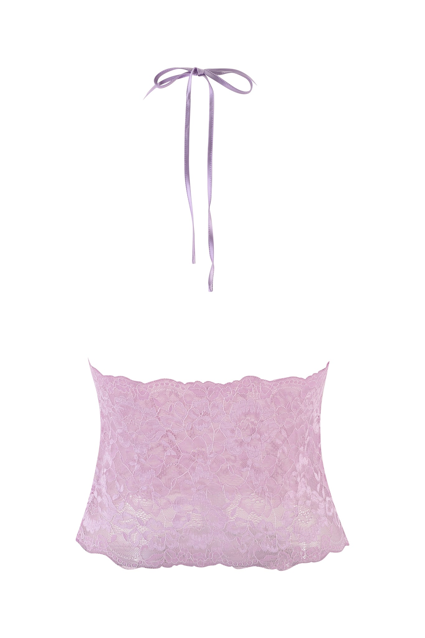 The GEM HALTER TOP - PURPLE : LILAC by I.AM.GIA showcases a delicate lavender lace tube design adorned with a floral pattern and is beautifully paired with a thin strap tied in a bow for added charm. Set against a clean white background, the image exudes the elegance of sheer lace for an effortlessly chic look.