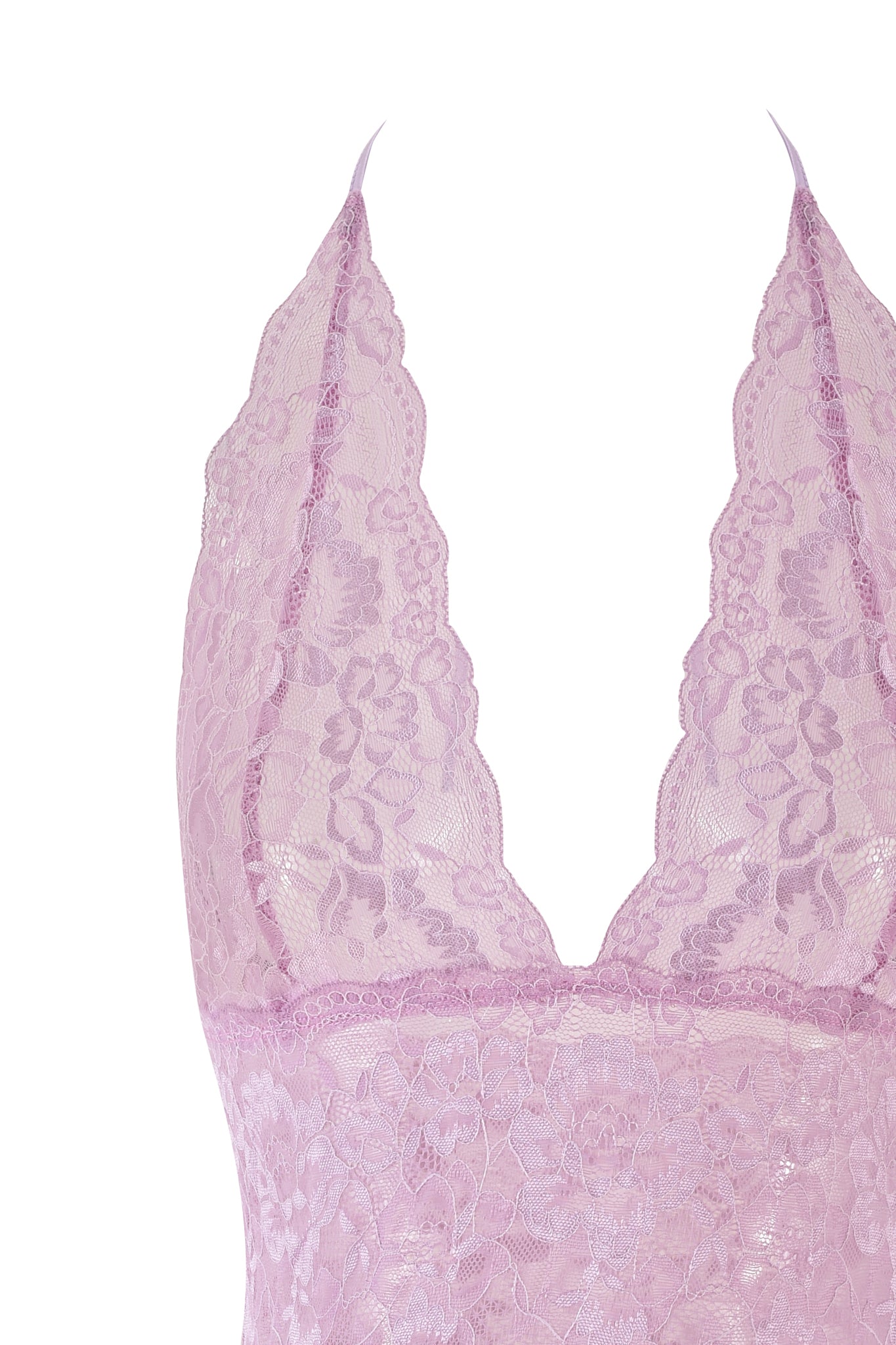 Introducing the GEM HALTER TOP by I.AM.GIA in lilac purple: This elegant piece features a delicate sheer lace design with a deep V-neck and scalloped edges. The intricate floral lace pattern enhances its sophisticated style, set beautifully against a white background to highlight its texture and graceful hue.