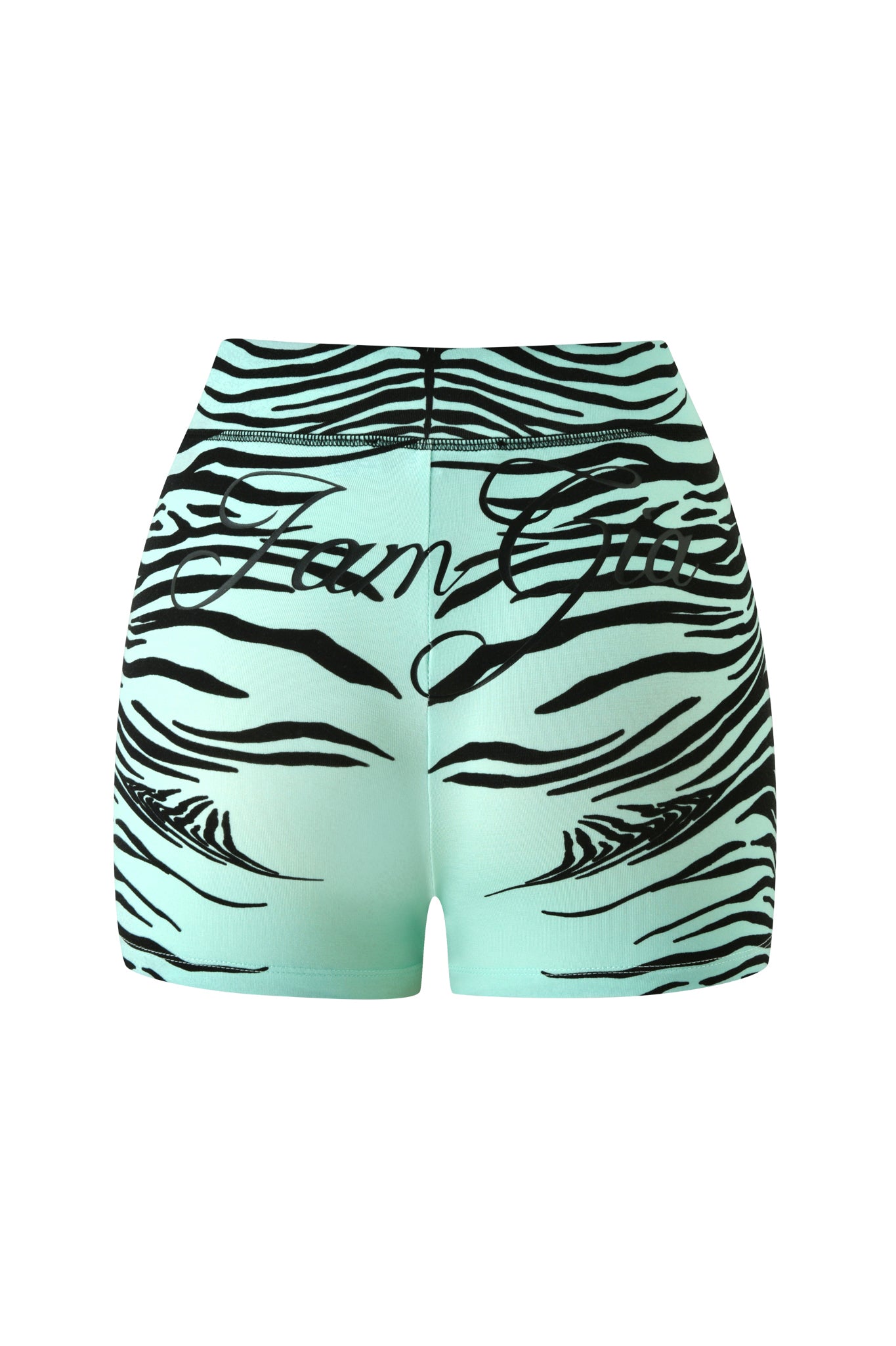 The BLARE SHORT - AQUA FINE LINE ZEBRA by I.AM.GIA features a mint green high-waisted design with striking black fine line zebra stripes and oversized cursive text across the back. These snug-fit shorts showcase a visible center seam on the waistband, blending bold style with distinctive detailing.