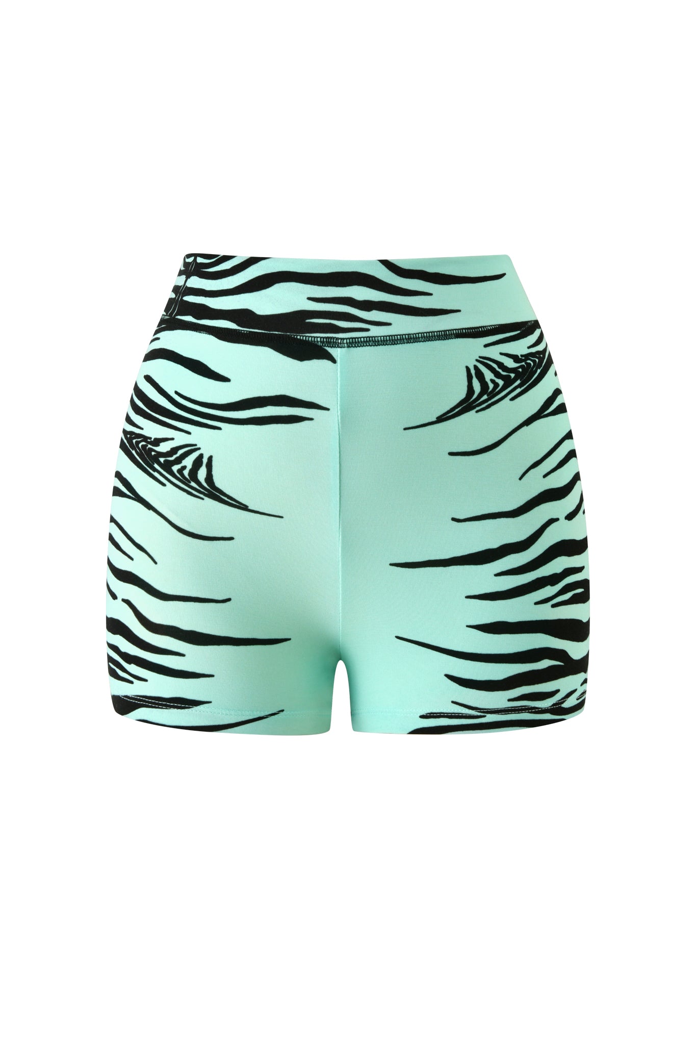 I.AM.GIA BLARE SHORT - AQUA FINE LINE ZEBRA: Mint green high-waisted shorts featuring a black Fine Line Zebra stripe pattern, shown on a white background.