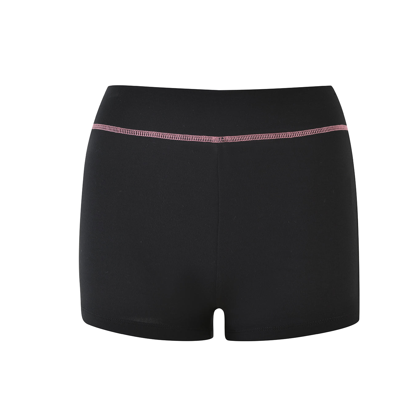 The BLARE SHORT - BLACK by I.AM.GIA features a bodycon fit, a black high-waisted design, and a pink waistband stripe, displayed on a white background.