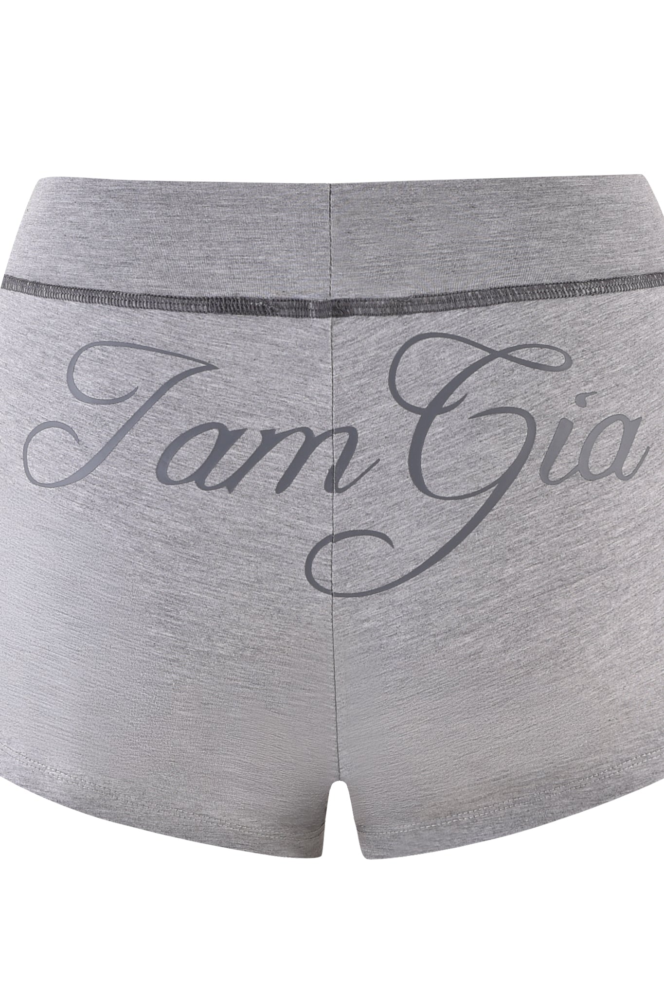 The BLARE JERSEY SHORT in Heather Grey by I.AM.GIA features a thin dark waistband and bold cursive “I.AM.GIA” lettering across the back, inspired by the iconic Blare Trackpant style.