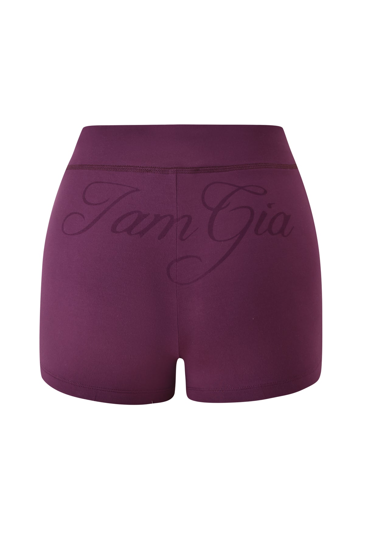 BLARE SHORT - PLUM by I.AM.GIA shown from the back, featuring a high-waisted, bodycon fit with an elastic waistband and “I.AM.GIA” in cursive text across the rear.