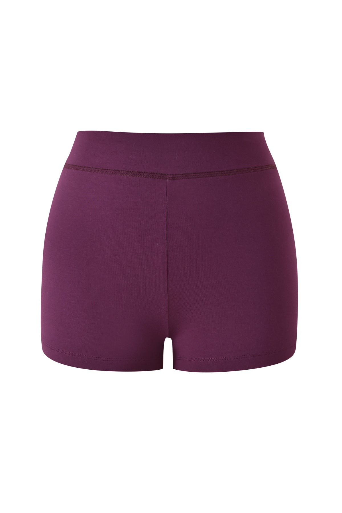 The BLARE SHORT - PLUM by I.AM.GIA features a high-waisted, bodycon fit with an elastic waistband, showcased against a white background.