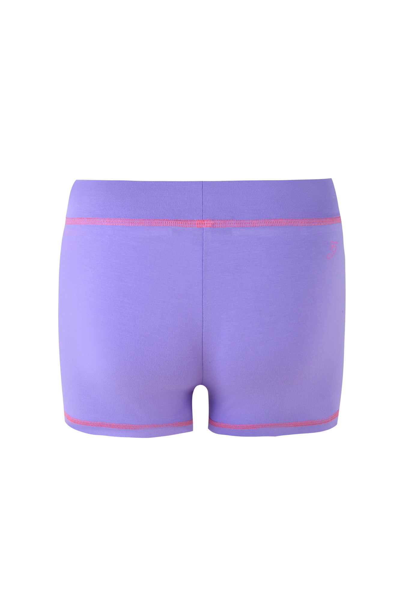 The I.AM.GIA BLARE SHORT - PURPLE offers a bodycon fit with purple compression fabric, pink stitching, and a small logo on the upper right. Its seamless design ensures comfort from the back view.