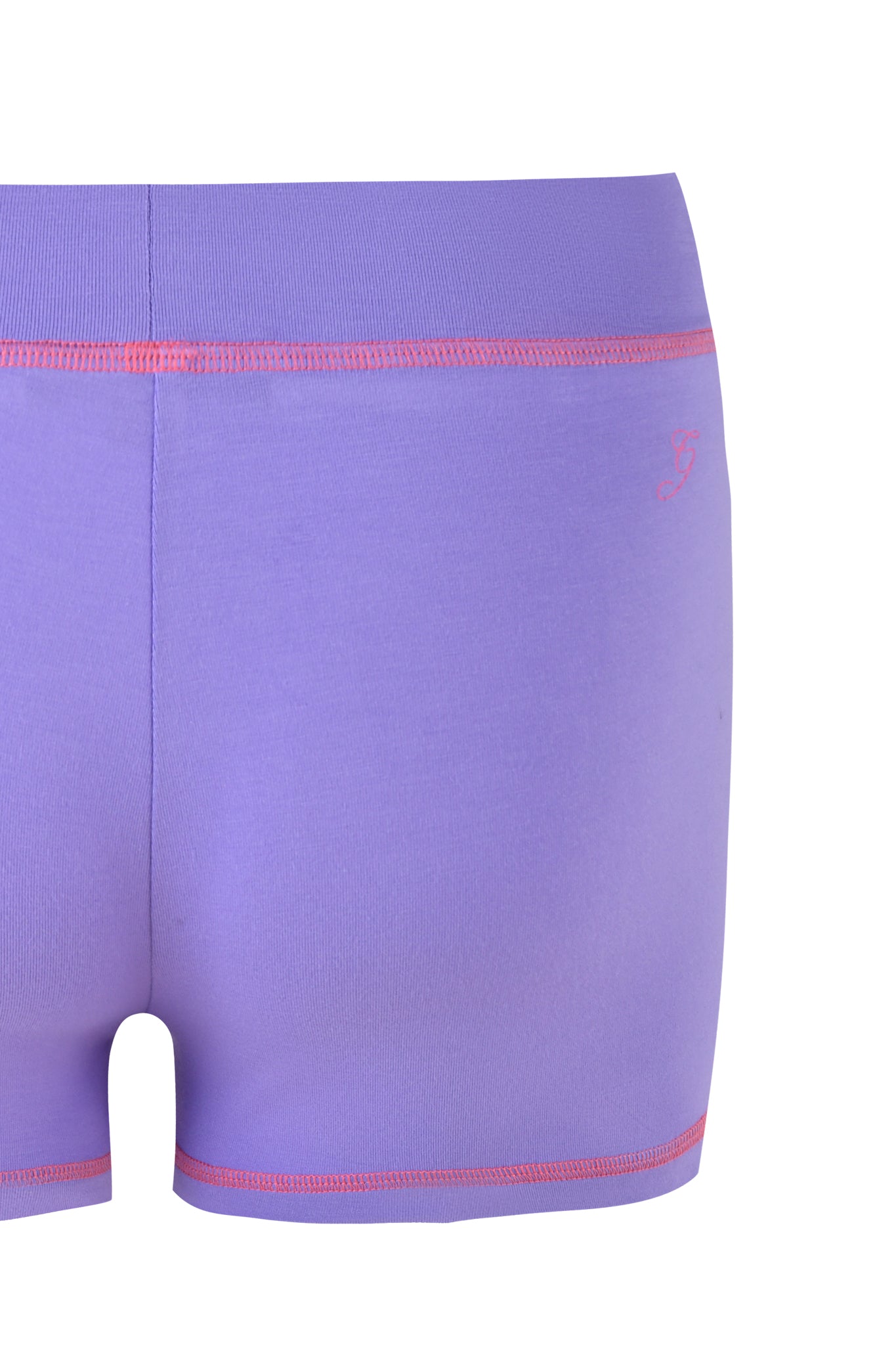 The BLARE SHORT - PURPLE by I.AM.GIA features a back view showcasing red stitching accents on the waistband and leg openings. Made from smooth, stretchy fabric, these shorts deliver a bodycon fit with a mid-rise waist, ideal for both athletic and casual wear.