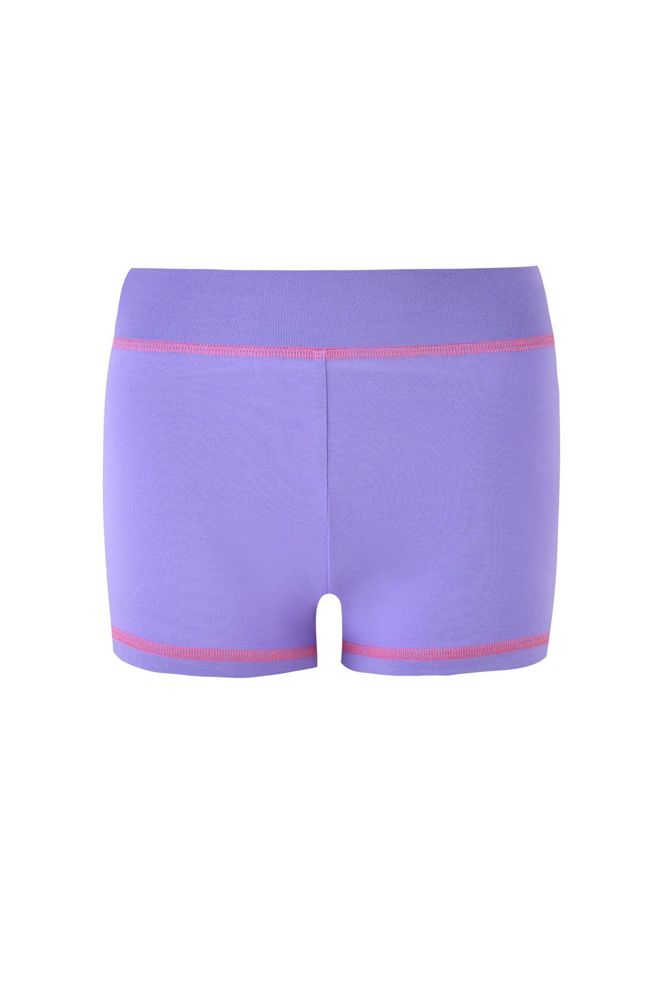 I.AM.GIA's BLARE SHORT - PURPLE women's athletic shorts are shown on a white background, highlighting their pink stitching and stretchy bamboo blend fabric, for ultimate comfort when viewed from the back.