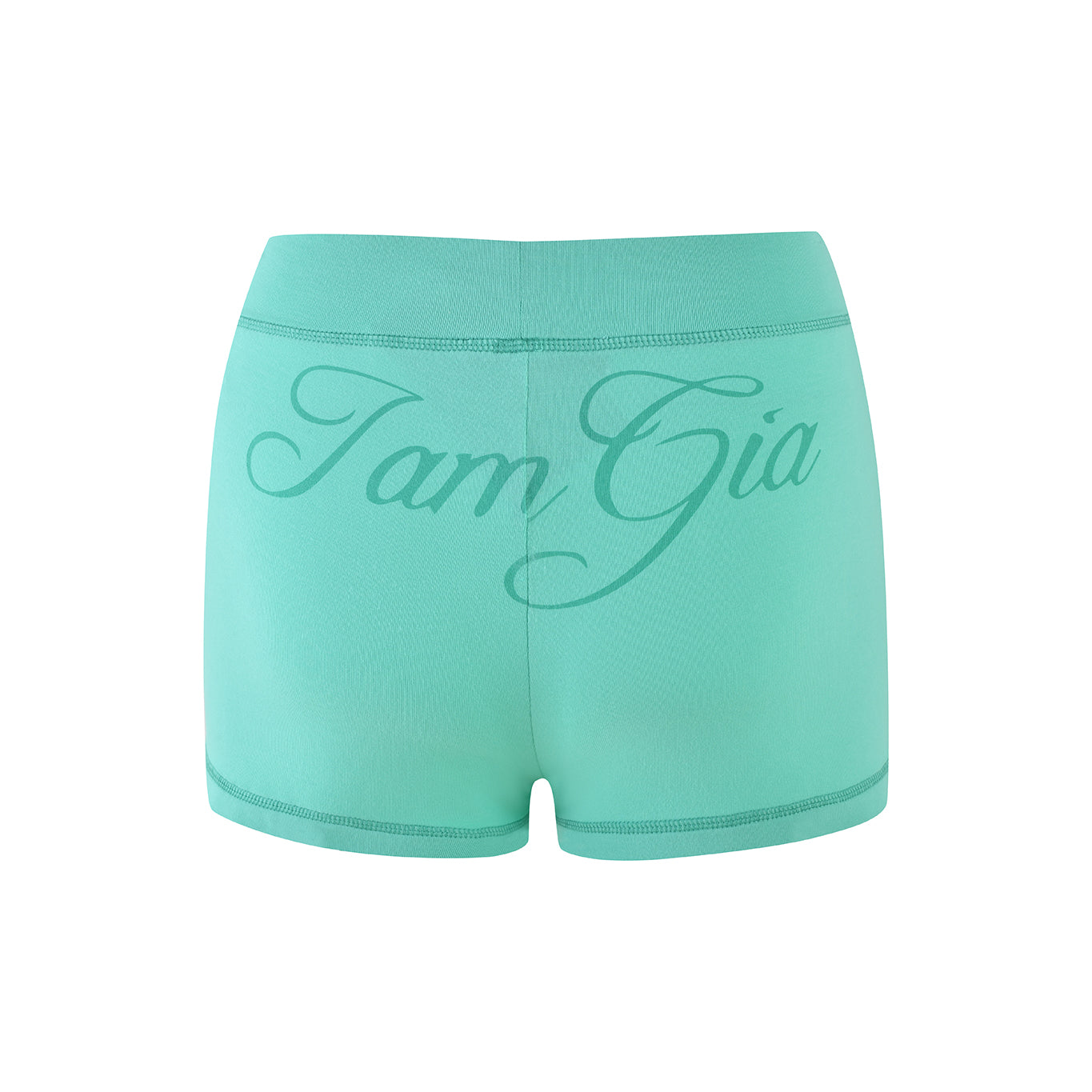 Stretchy mint teal shorts from bamboo fabric with "I.AM.GIA" on the back, called BLARE SHORT - GREEN : TURQUOISE : TEAL.