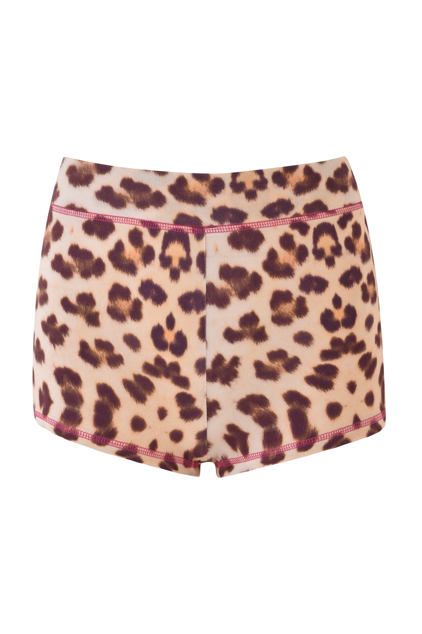 The BLARE SHORT - NEUTRAL : LEOPARD : WILD CARD by I.AM.GIA is crafted from bamboo jersey and features a leopard print pattern with pink stitching on a white background.