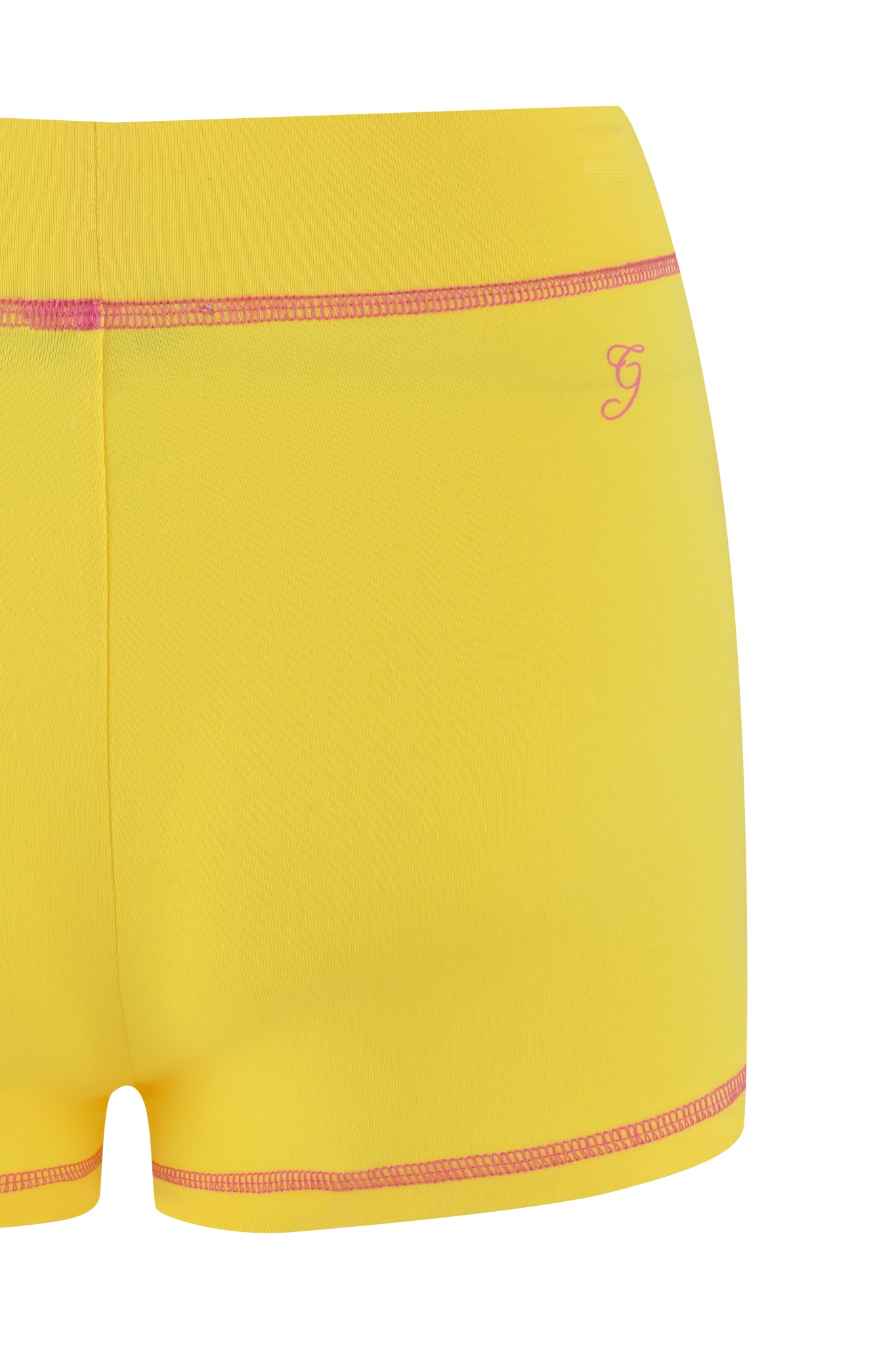 The BLARE SHORT - LEMON by I.AM.GIA are lemon yellow shorts with pink stitching, made from soft bamboo fabric, and feature a small "G" logo.