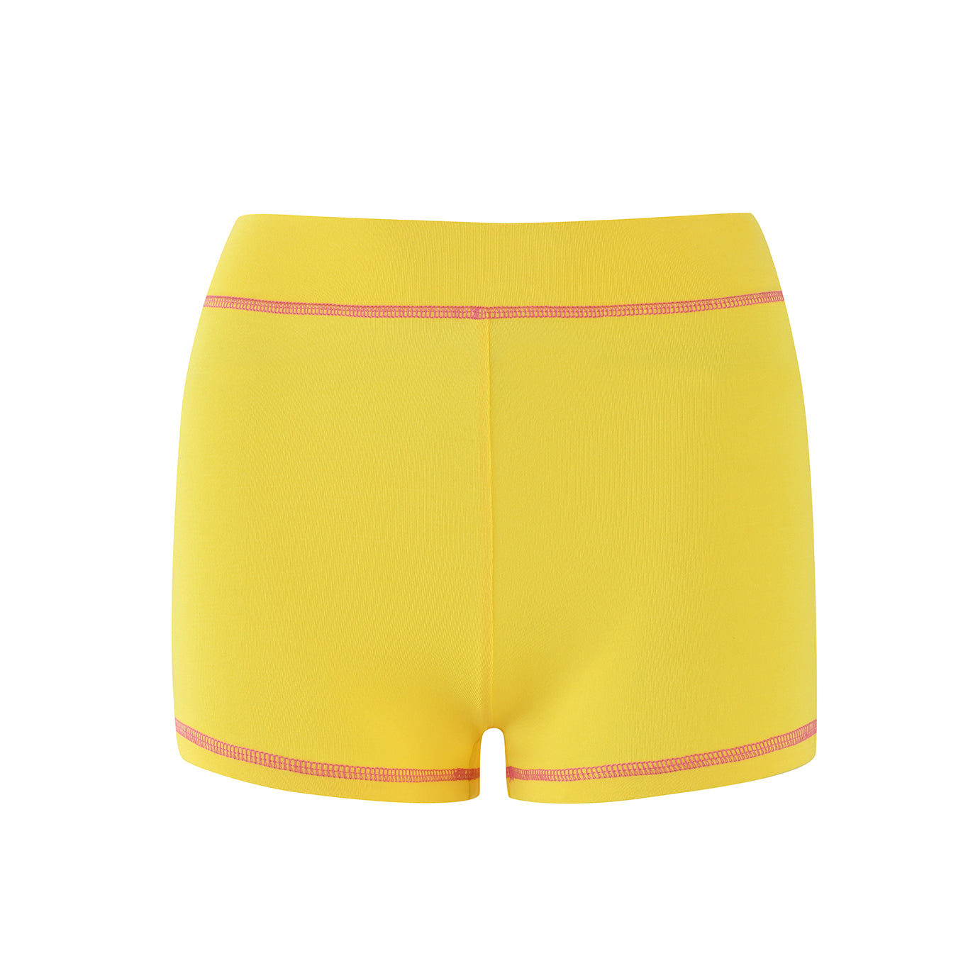 The BLARE SHORT - LEMON by I.AM.GIA are lemon yellow high-waisted shorts featuring pink stitching and a wide waistband. Made from smooth, slightly elastic bamboo fabric, they offer comfort with a simple, sleek design.