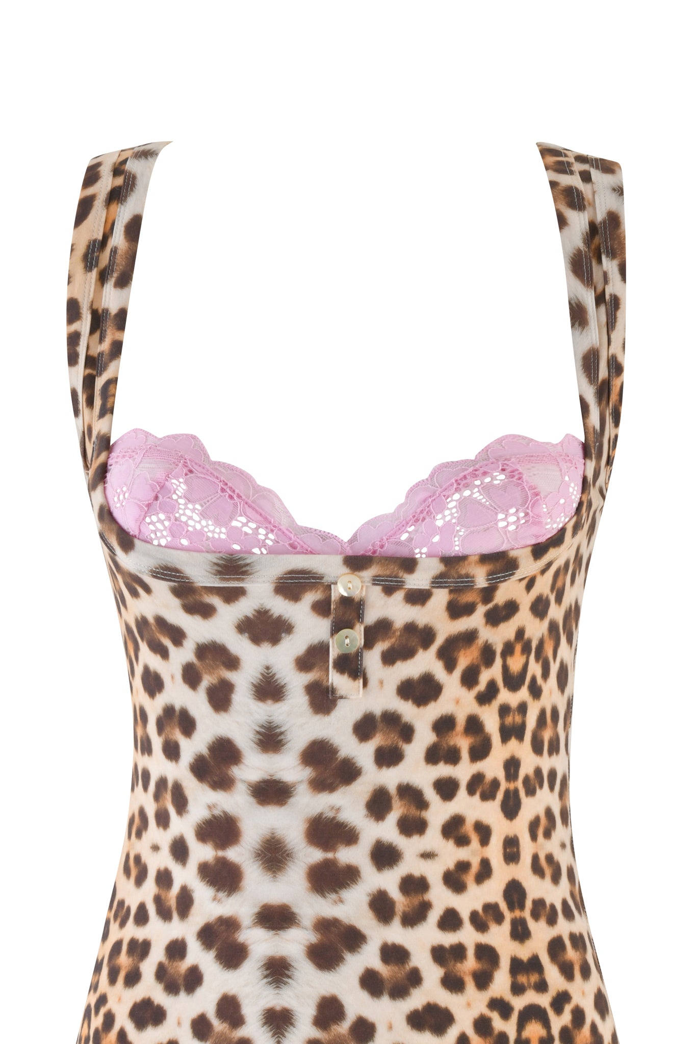 The I.AM.GIA Pippa Mini Dress in the Neutral Leopard Wild Card pattern features wide shoulder straps and a neckline adorned with pink lace trim. A small, round metallic button is elegantly positioned at the center, enhancing the dress's sleek bodycon fit.