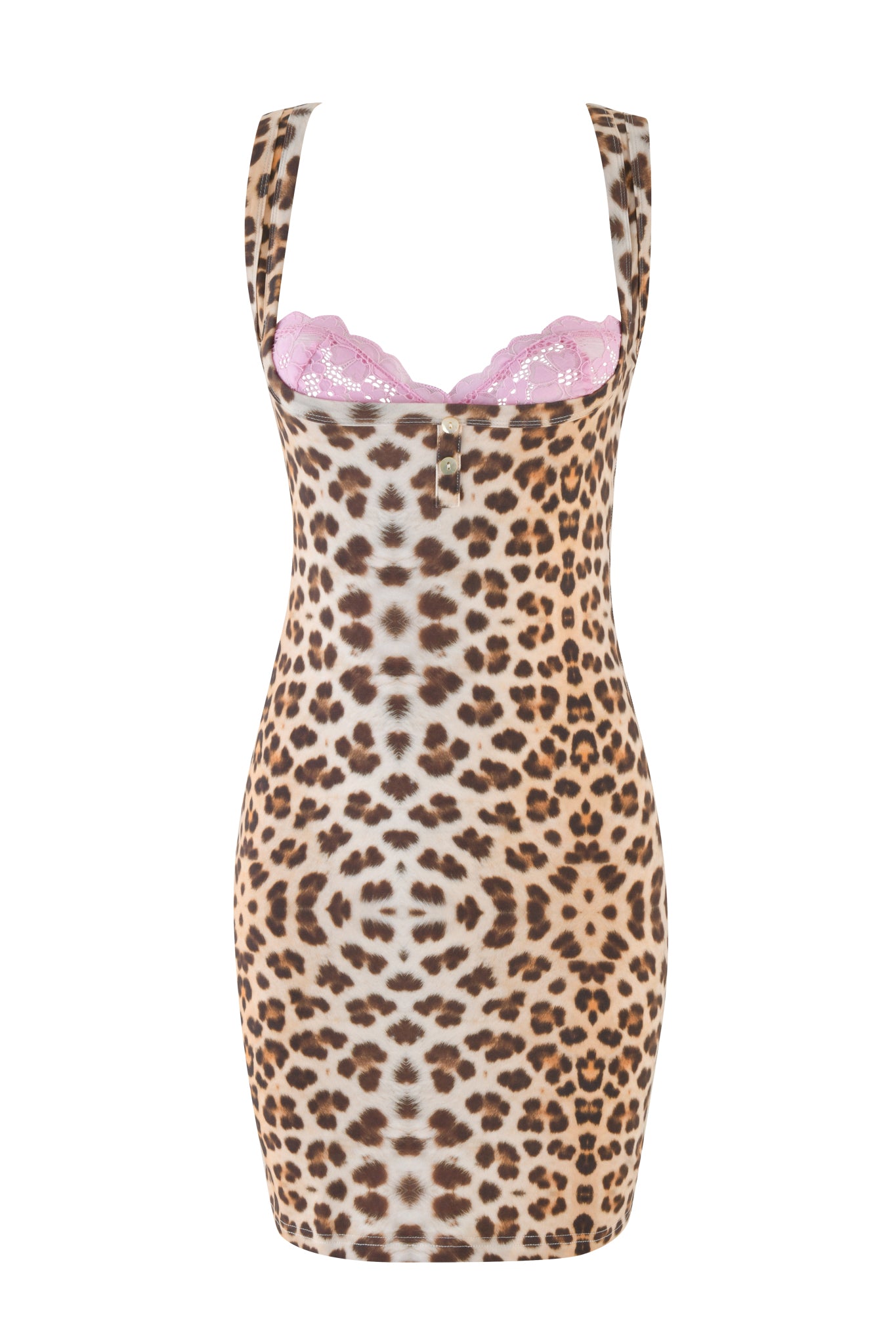 The I.AM.GIA Pippa Mini Dress - Neutral: Leopard : Wild Card showcases a striking sleeveless design with a bodycon fit, highlighted by a pink lace trim at the neckline.