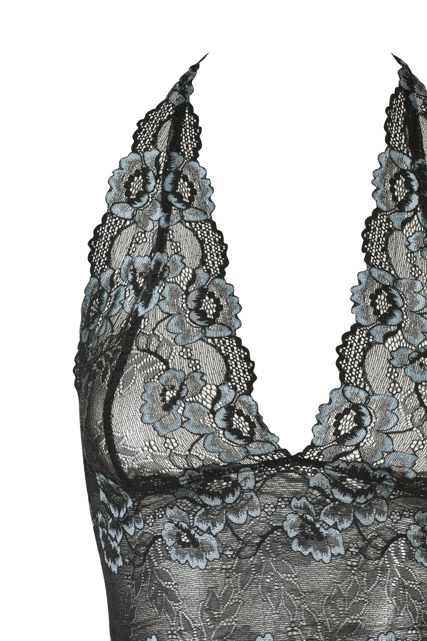 Close-up of the GEM HALTER TOP in black by I.AM.GIA, featuring a black lace fabric with intricate floral patterns and sheer sections, adorned with light blue flower embroidery. The bodycon fit highlights its deep V neckline, adding an elegant allure.