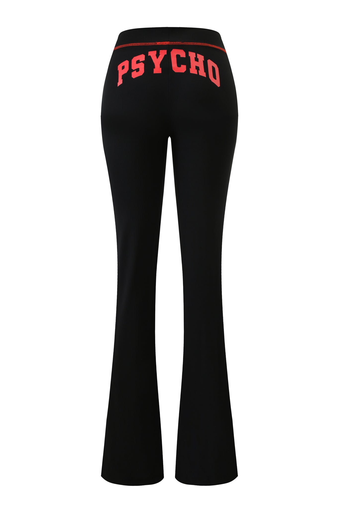 The I.AM.GIA BLARE TRACKPANT - BLACK PSYCHO features a sleek, flared fit, bold red "PSYCHO" on the back waistband, and a bodycon silhouette for a statement look.