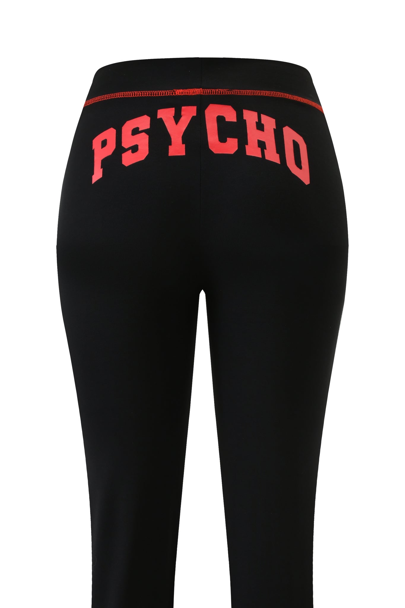 The I.AM.GIA BLARE TRACKPANT - BLACK PSYCHO is a black low-rise track pant with bold red "PSYCHO" lettering across the back waistband, shown from the rear on a white background.