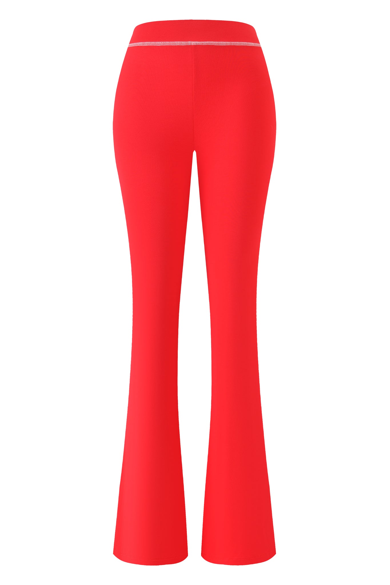 The BLARE TRACKPANT - RED : PSYCHO : SALSA by I.AM.GIA is shown from the back, featuring a high-waisted, bodycon flared design—fitted through the thighs with wide legs at the bottom.
