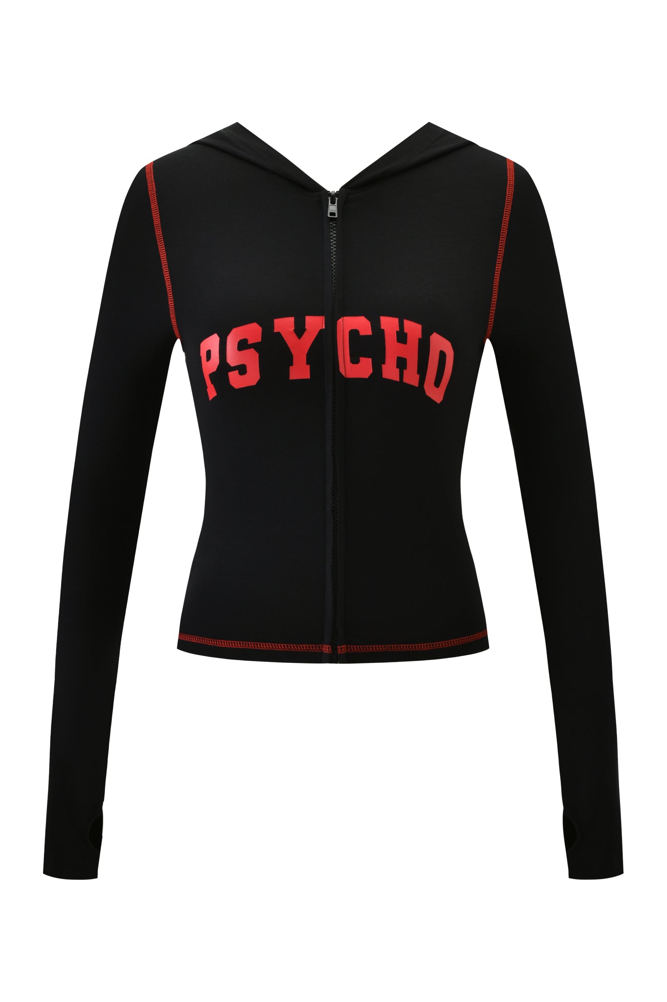 The I.AM.GIA BLARE HOODIE - BLACK PSYCHO features long sleeves, a zip-up front, hood, bold red "PSYCHO" print on the chest, and striking red seam stitching for standout style.