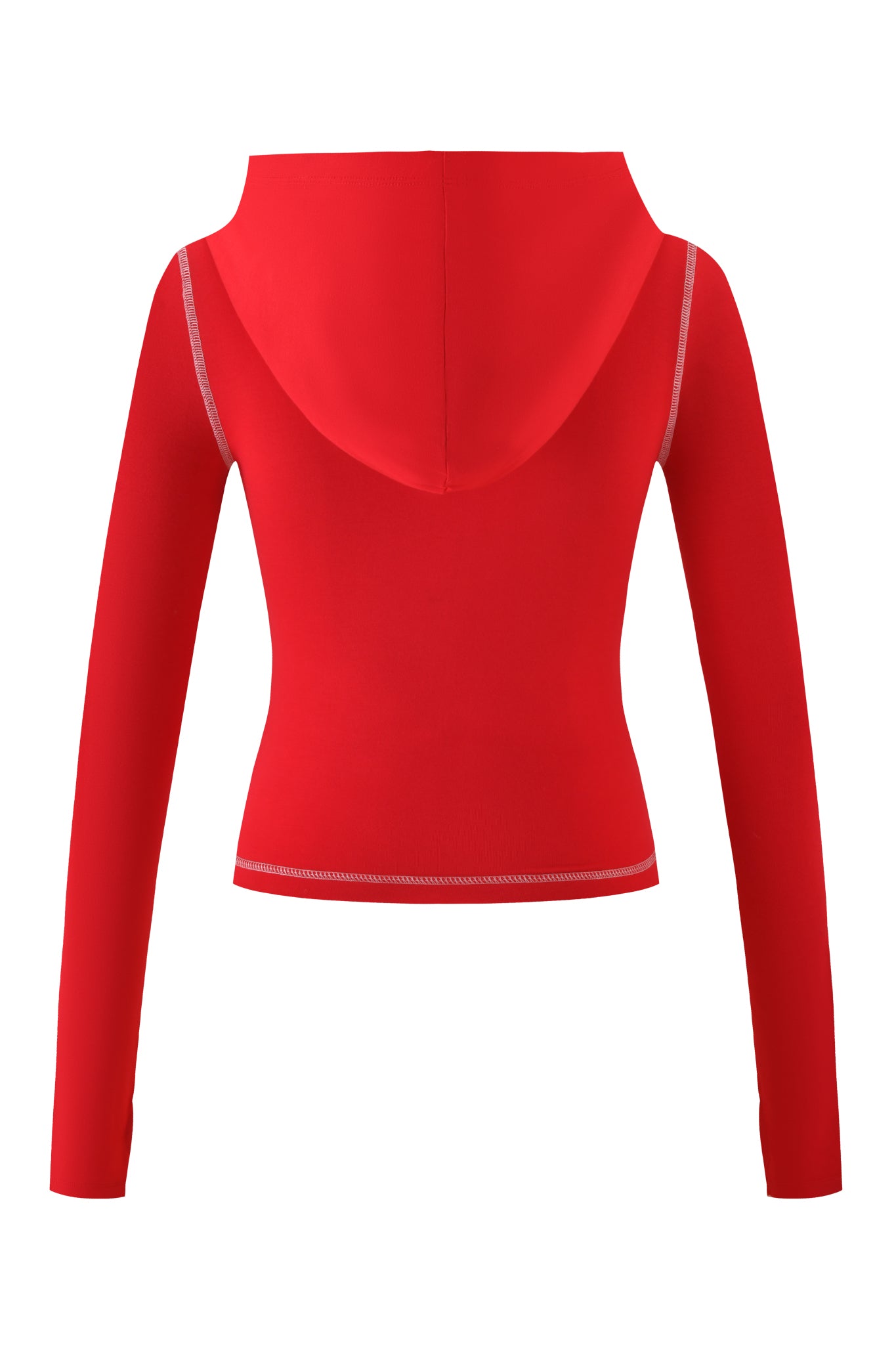 Back view of the I.AM.GIA BLARE HOODIE - RED : PSYCHO : SALSA, a fitted, cropped red hoodie with white seam and hem stitching, featuring a large hood.