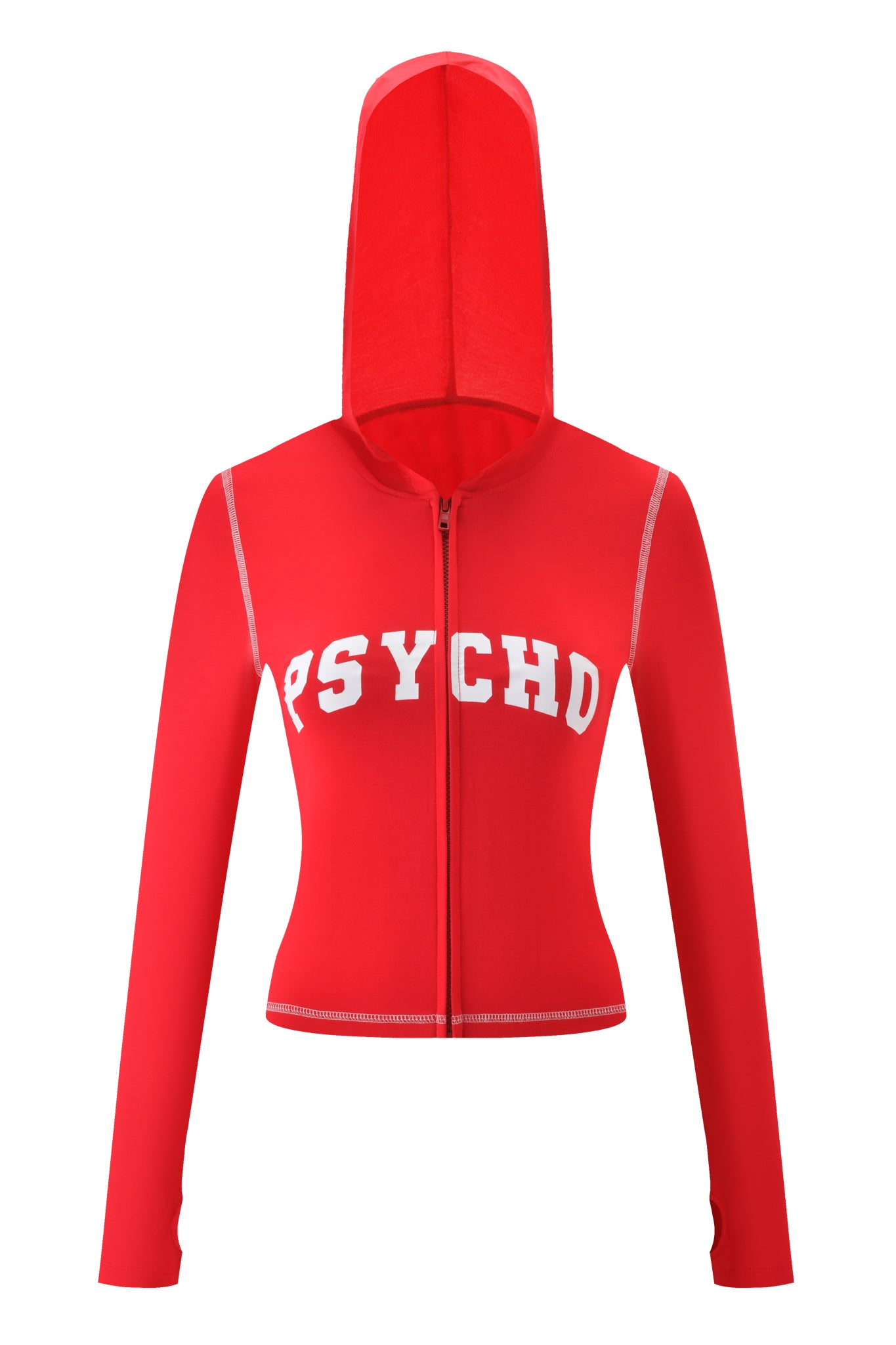 The I.AM.GIA BLARE HOODIE - RED : PSYCHO : SALSA features bold "PSYCHD" lettering, a fitted waist, long sleeves, visible seam stitching, and a hood for a sleek bodycon silhouette.