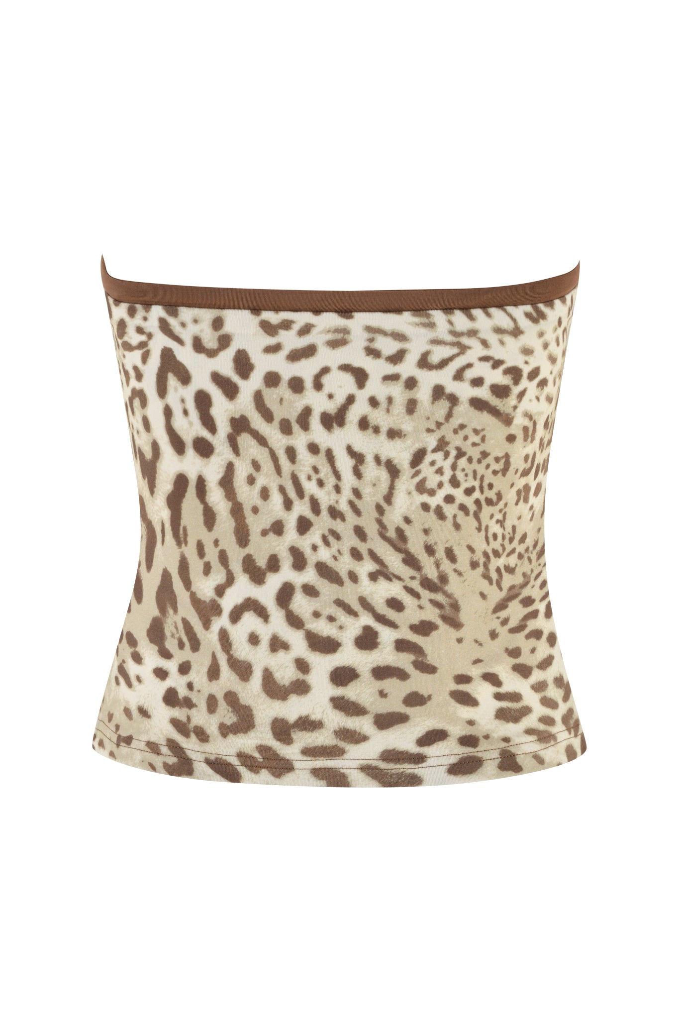 Introducing the "Michelle Boob Tube - Neutral: Leopard Limbo" by I.AM.GIA—a strapless brown and beige leopard print top with a bodycon silhouette. This piece features a straight neckline and a mix of spotted patterns, ensuring a bold and trendy look for any occasion.