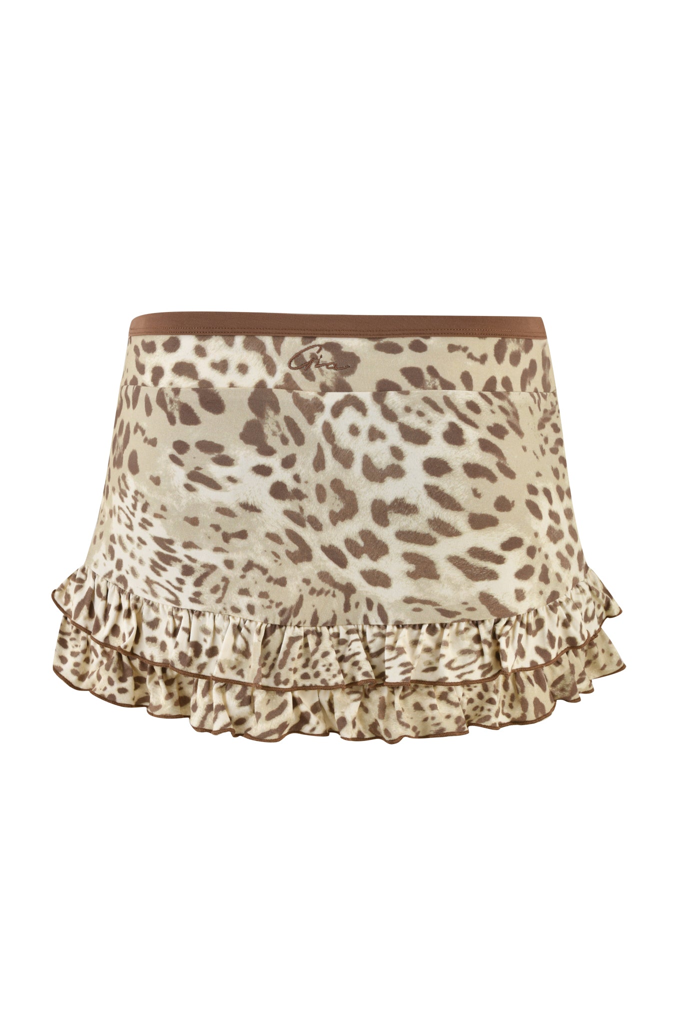 Introducing the MICHELLE SKORT - NEUTRAL : LEOPARD LIMBO by I.AM.GIA: a beige and brown leopard print mini skort featuring a two-layered ruffle hemline and low-rise waist, ideal for your next Leopard Limbo dance-off against a crisp white backdrop.