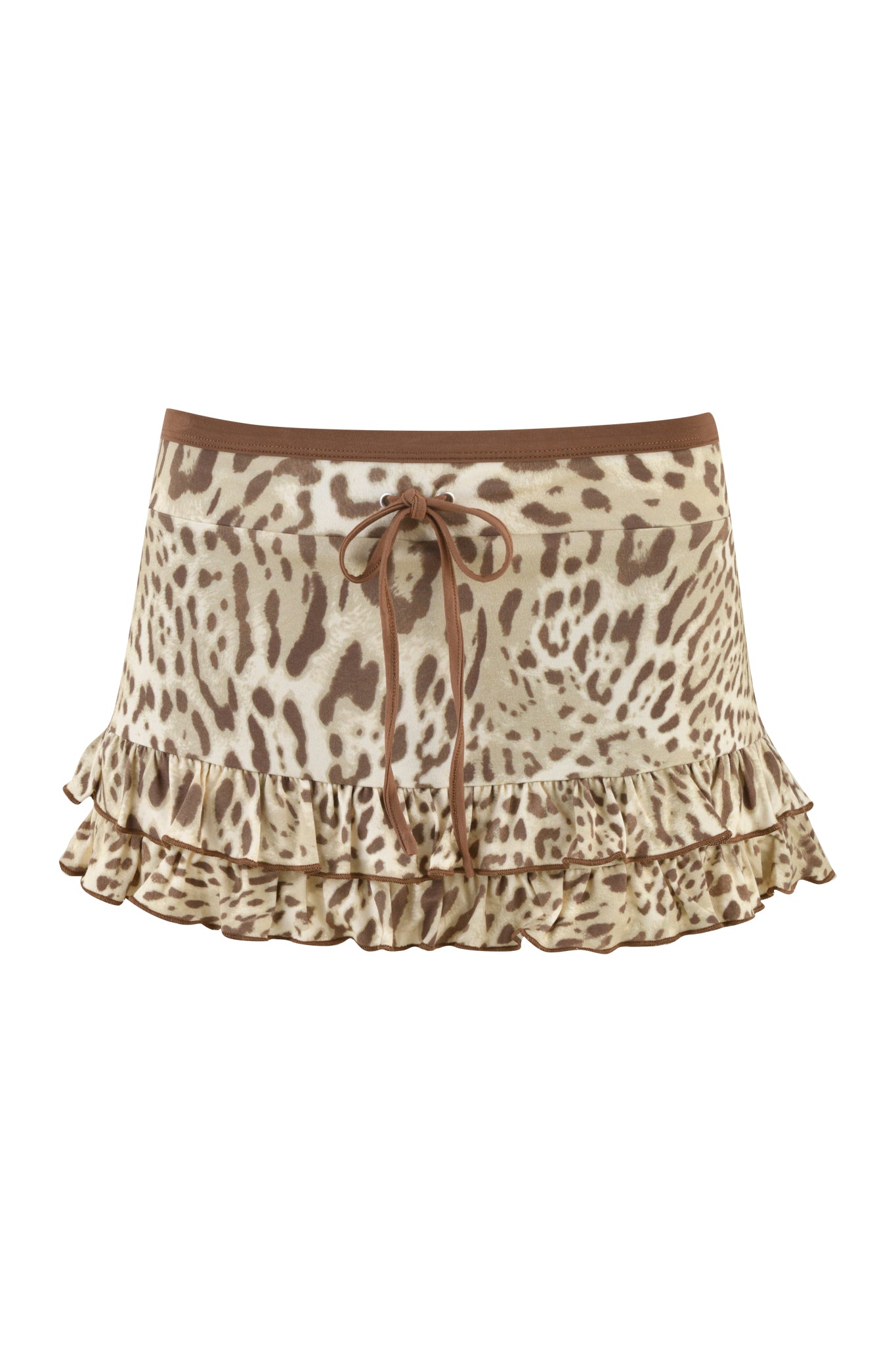 The I.AM.GIA Michelle Skort - Neutral: Leopard Limbo boasts a leopard print mini design, complete with a ruffled hem and an elegant brown drawstring. With its playful, low-rise waist, this skort effortlessly combines style with a clean white background.