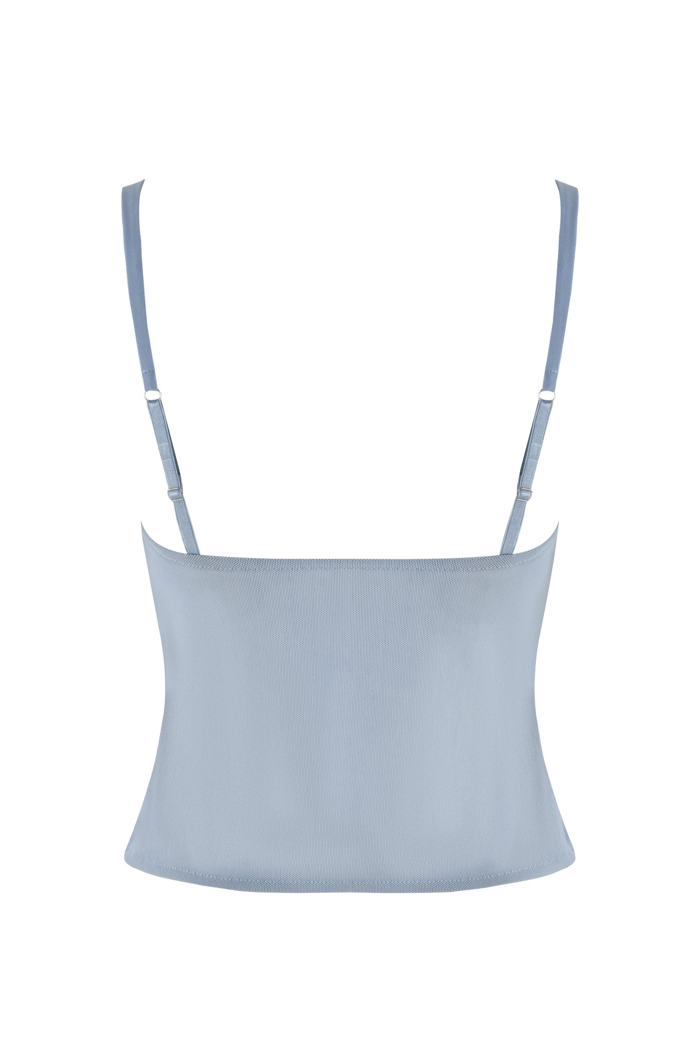 A steel blue georgette bodice sleeveless crop top with thin adjustable straps, viewed from the back on a white background, known as the QUEENIE TOP by I.AM.GIA.