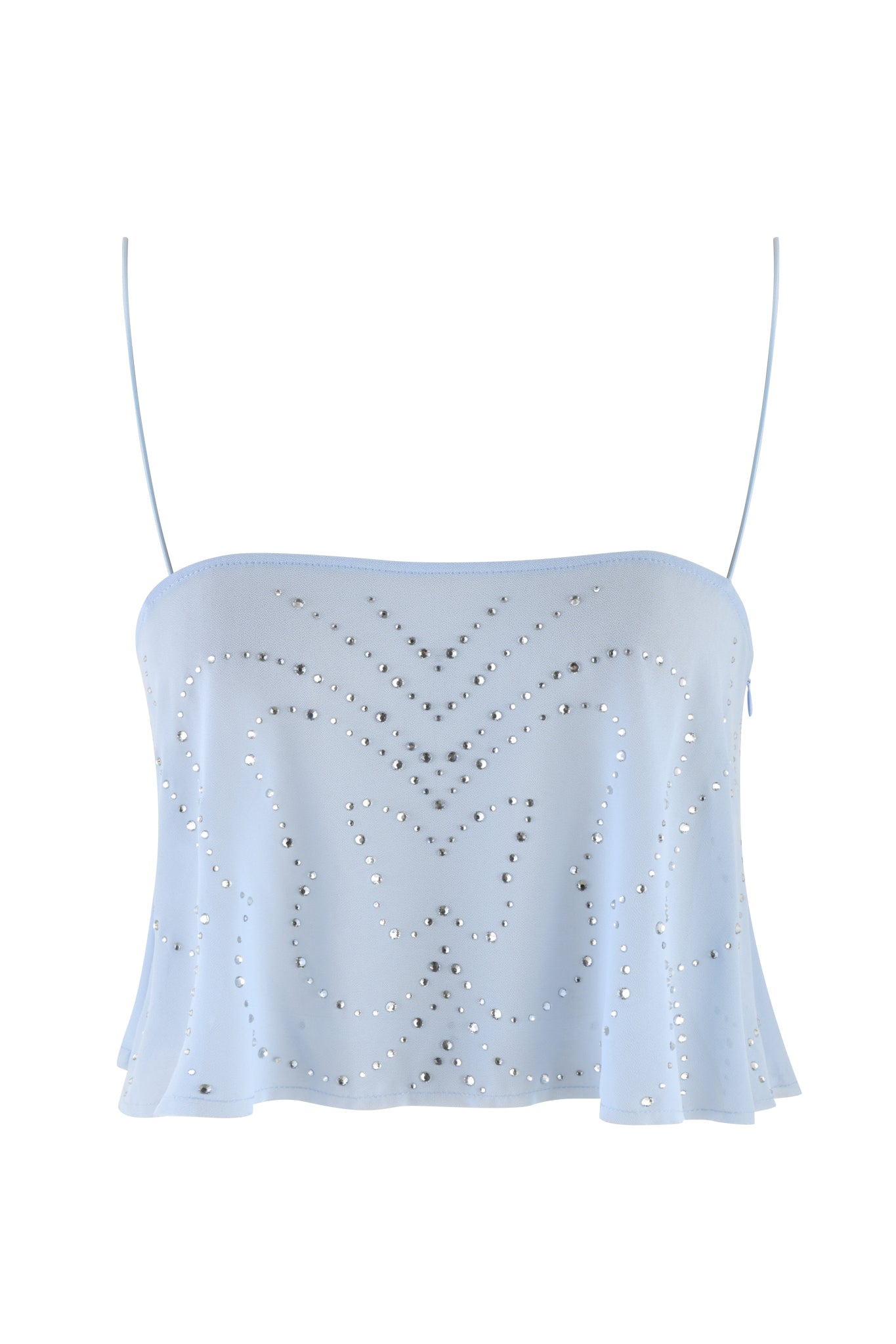 The MINA TOP - BLUE by I.AM.GIA in baby blue features a strapless design with thin straps and intricate silver studs forming a mesmerizing butterfly diamante on semi-sheer georgette.