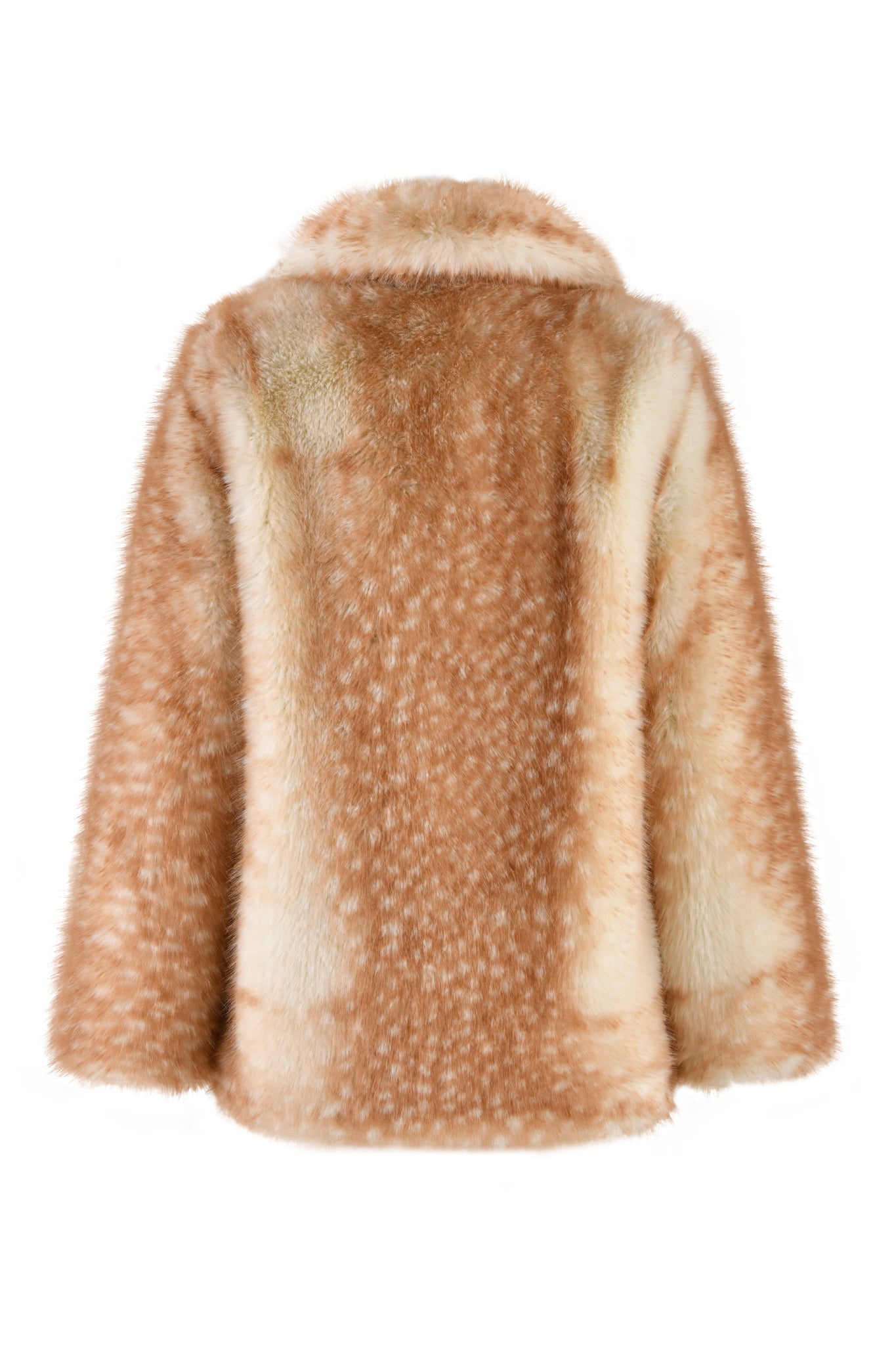 The BAMBI FUR COAT - NEUTRAL : BAMBI by I.AM.GIA is a luxurious light brown faux fur coat featuring a unique bambi deer print and wide collar, showcased against a simple white background. Its relaxed fit provides exceptional comfort while exuding elegance and style, offering both softness and warmth.