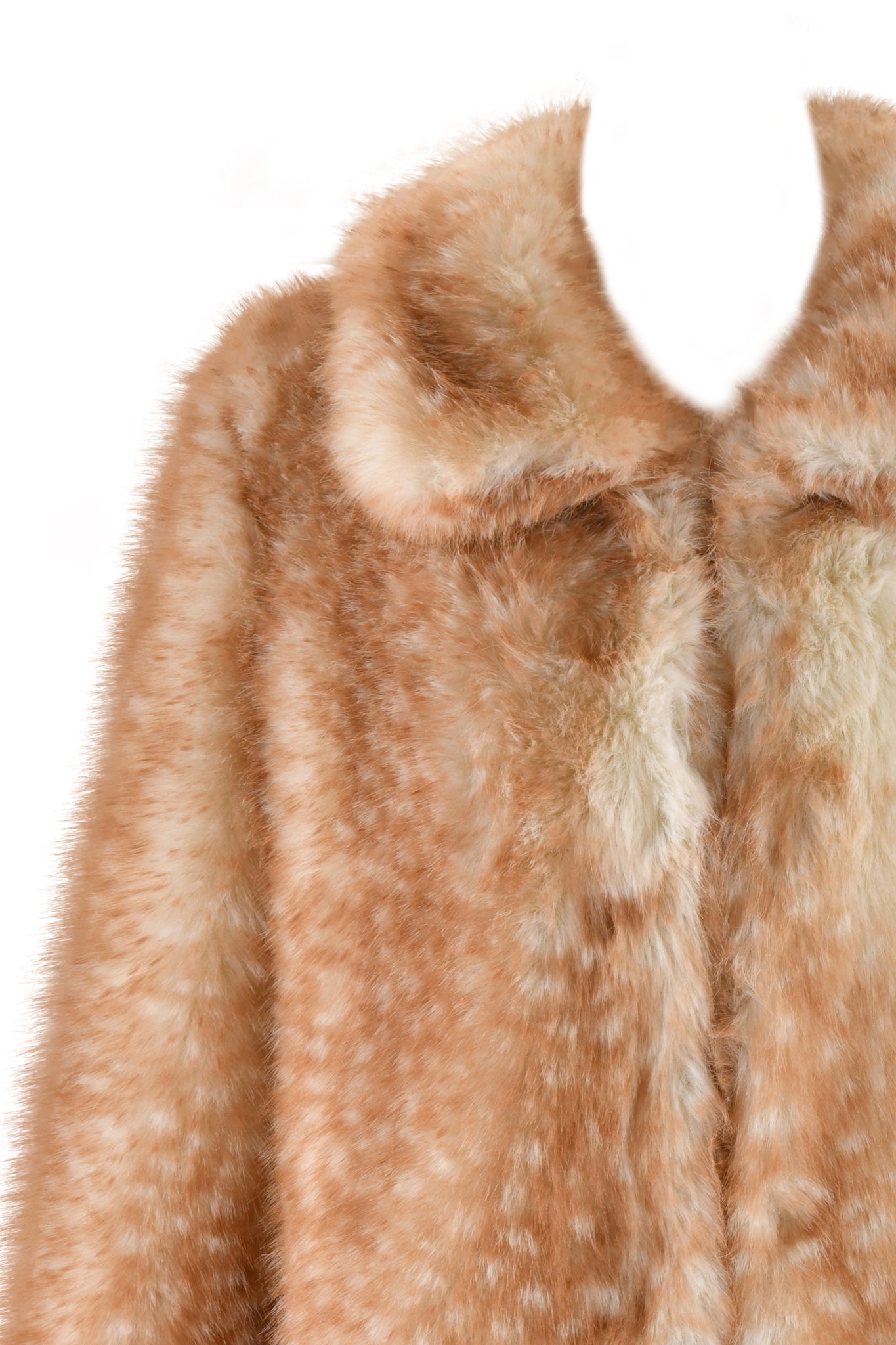 A close-up view of the BAMBI FUR COAT - NEUTRAL from I.AM.GIA, featuring a soft, plush faux fur design with a light brown and white speckled pattern and a unique Bambi deer print. The relaxed fit and wide collar highlight its luxurious material.