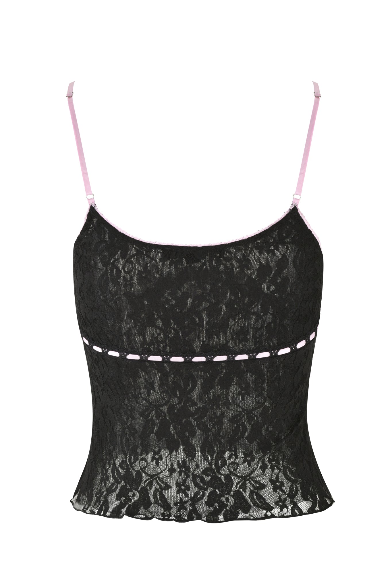 The LORAH TOP - BLACK by I.AM.GIA is a black lace cami top with adjustable satin straps and a pink ribbon detail below the bust. Its floral-patterned lace and bodycon fit ensure it hugs your curves beautifully.