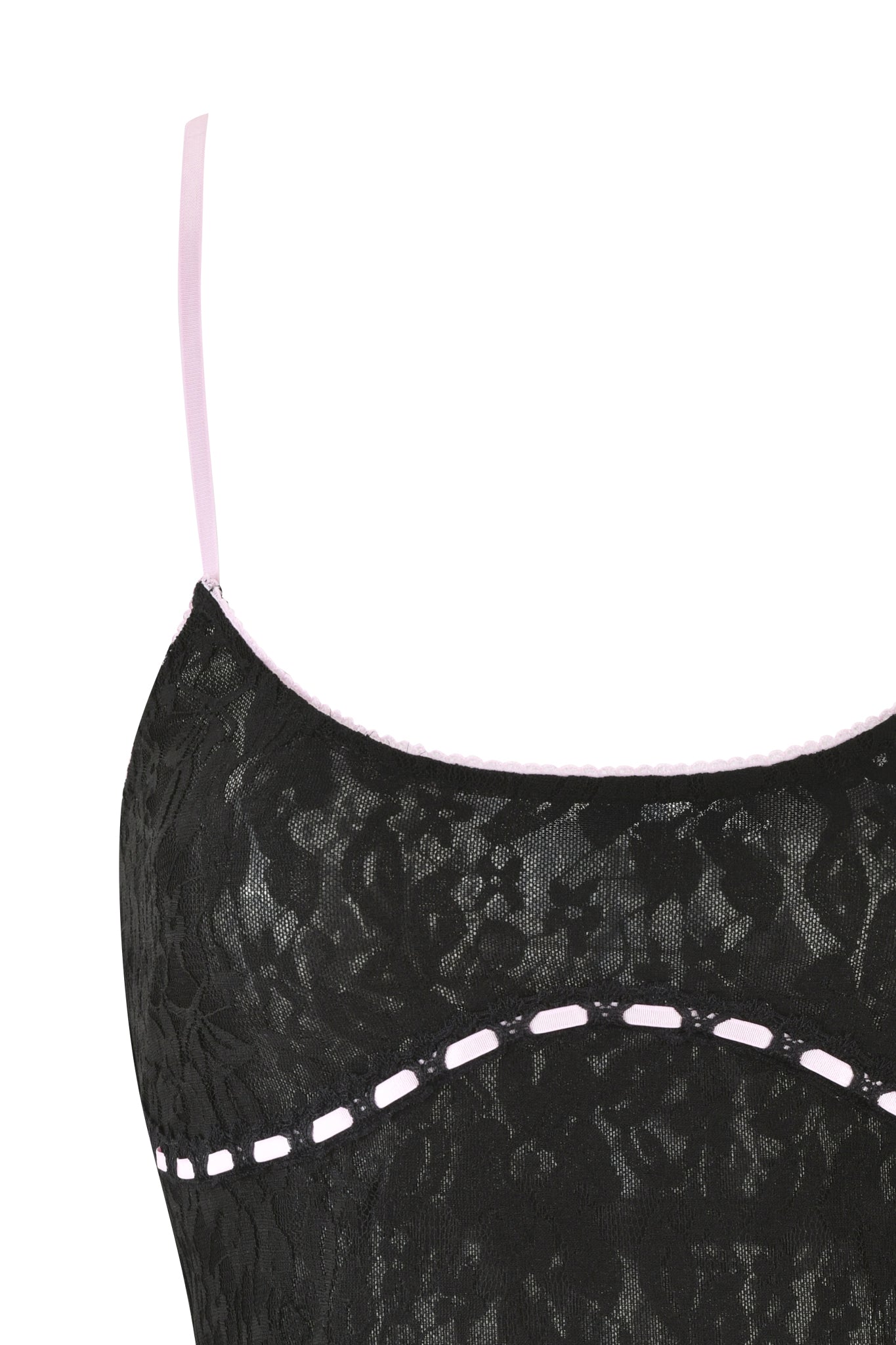 Close-up of the LORAH TOP - BLACK by I.AM.GIA, showcasing a floral lace pattern in black. This cami top features thin pink satin straps that are adjustable, complemented by a decorative pink ribbon detail across the chest, all contributing to its elegant bodycon fit.