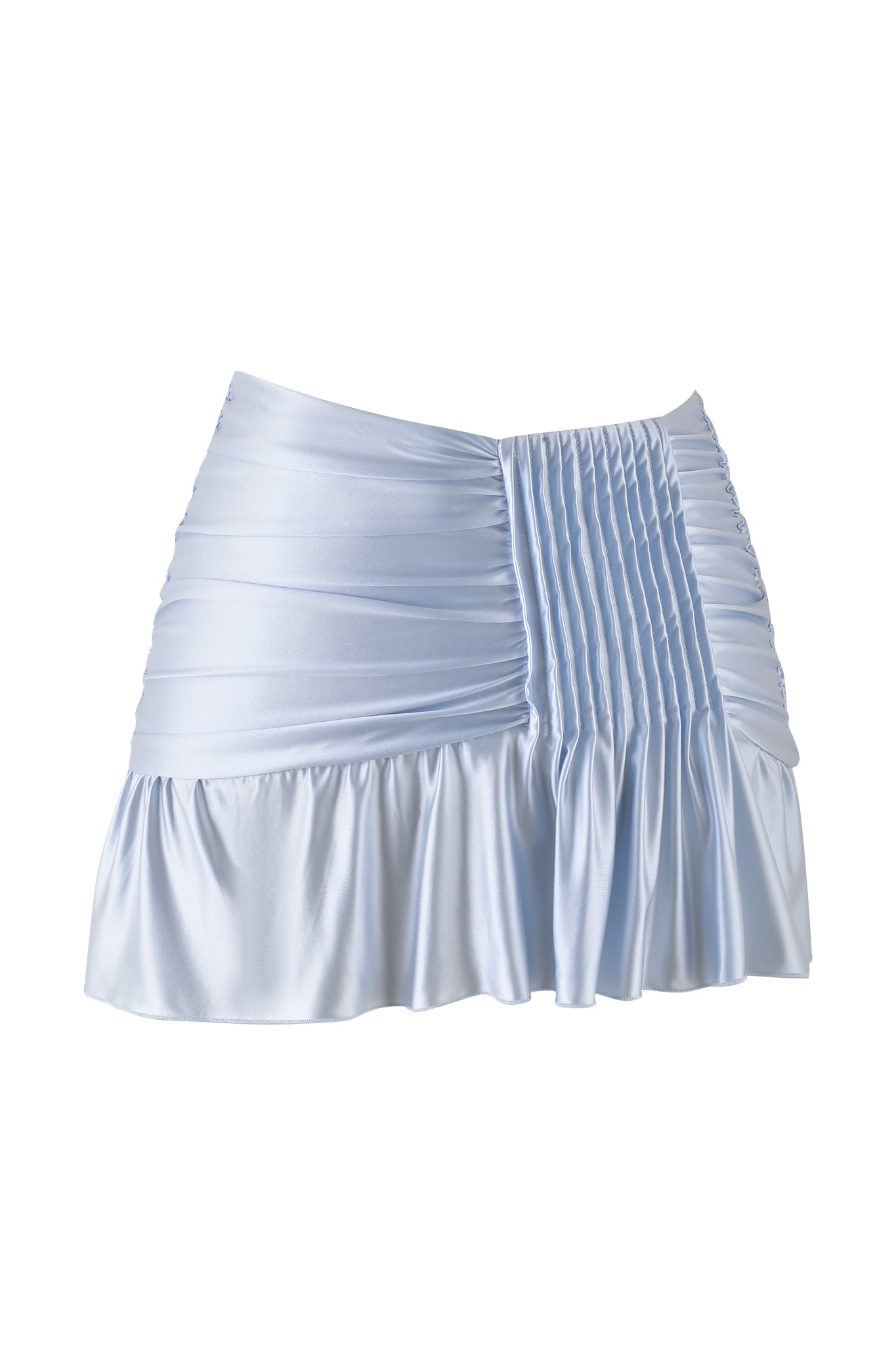 The I.AM.GIA ELYSIA MINI SKIRT in Baby Blue is crafted from a lustrous satin knit with slinky ruching and pleated detailing on one side, complemented by a flared hem.