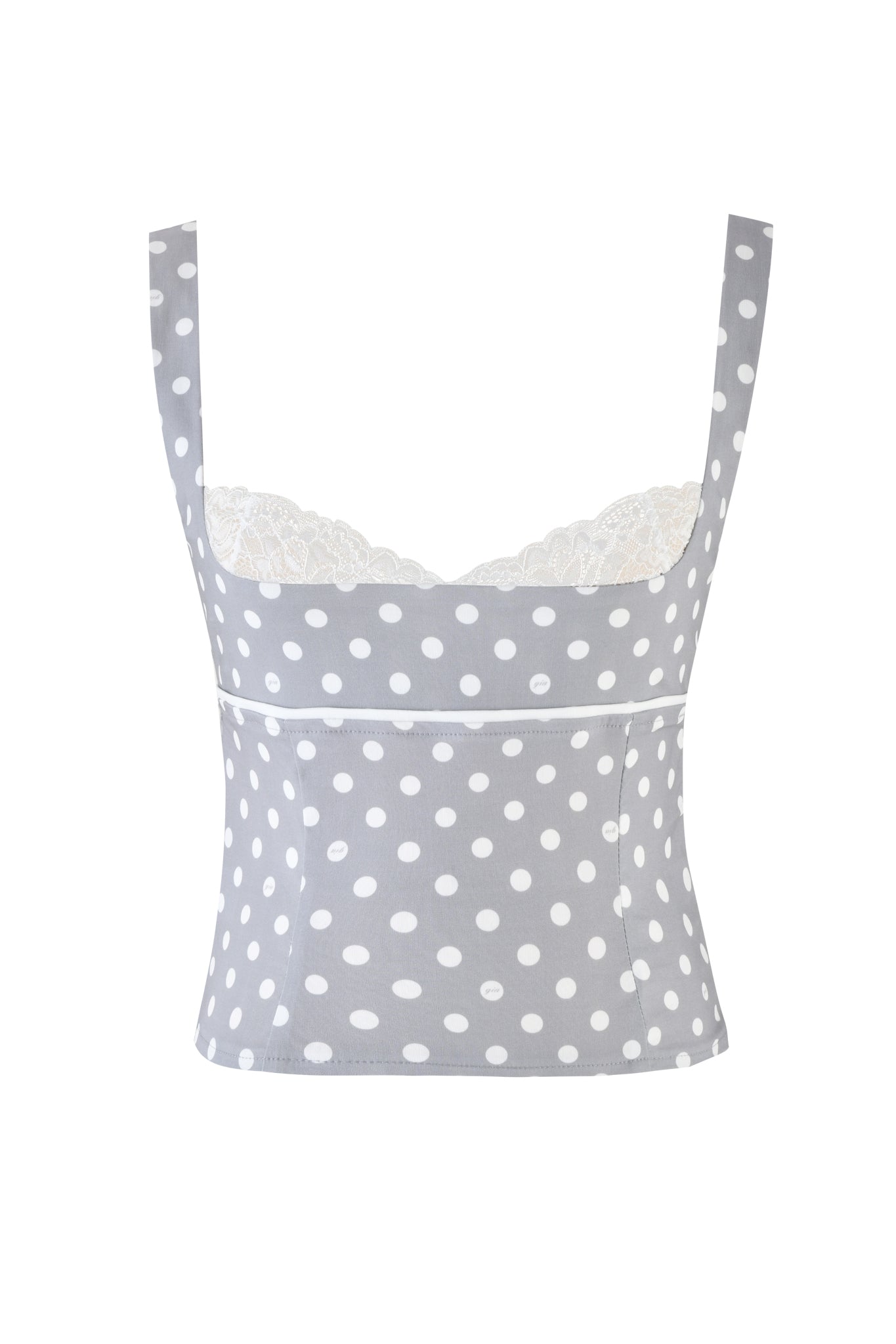 The MELDA TOP - GREY polka dot by I.AM.GIA features wide straps, delicate white lace along the neckline, and an invisible side seam zipper for a seamless look.