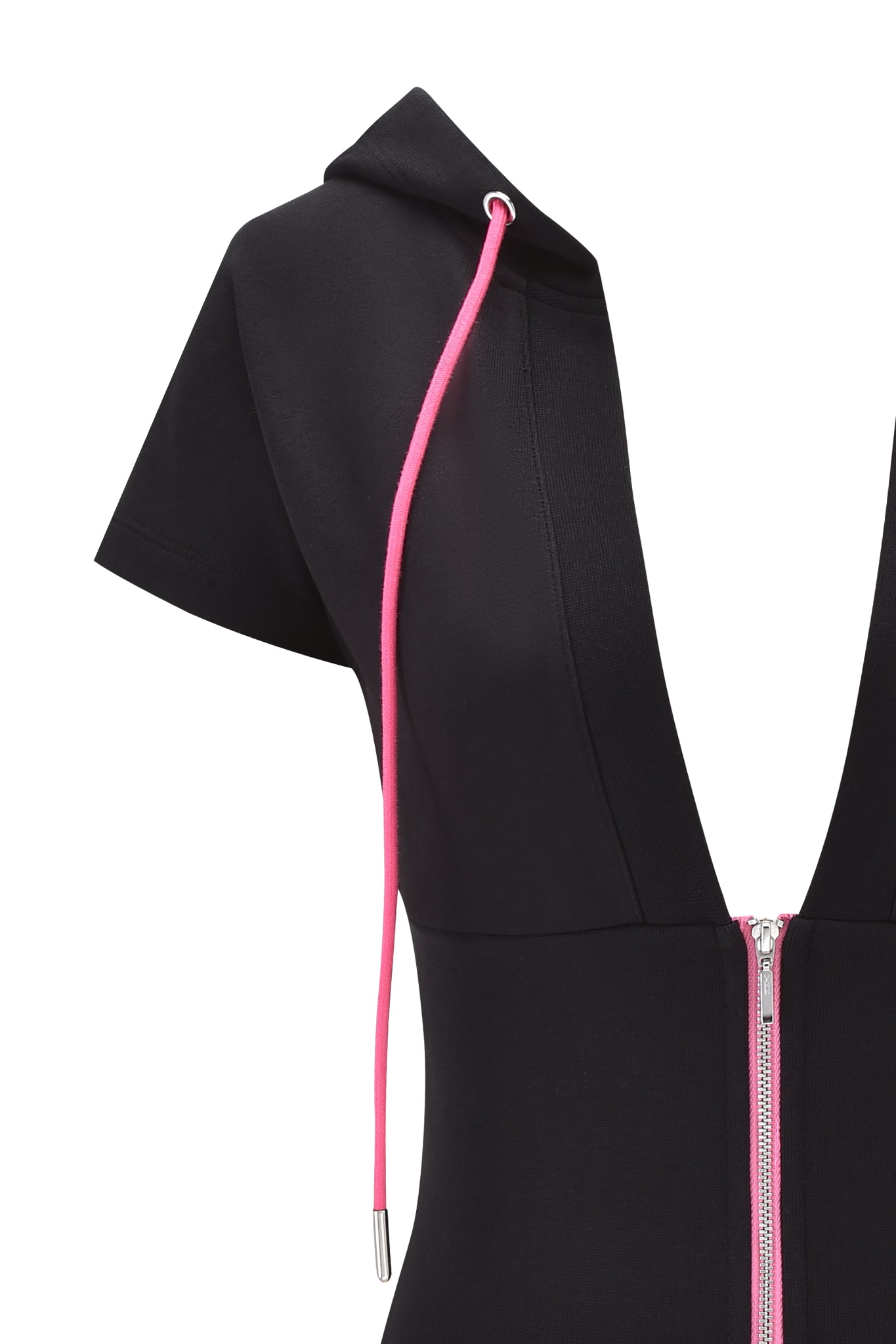 The I.AM.GIA ARLO TRACK JACKET - BLACK is a stylish short-sleeve hooded jacket with a deep V neckline, pink zipper, and pink drawstring on the hood, inspired by classic French terry designs and shown against a white background.