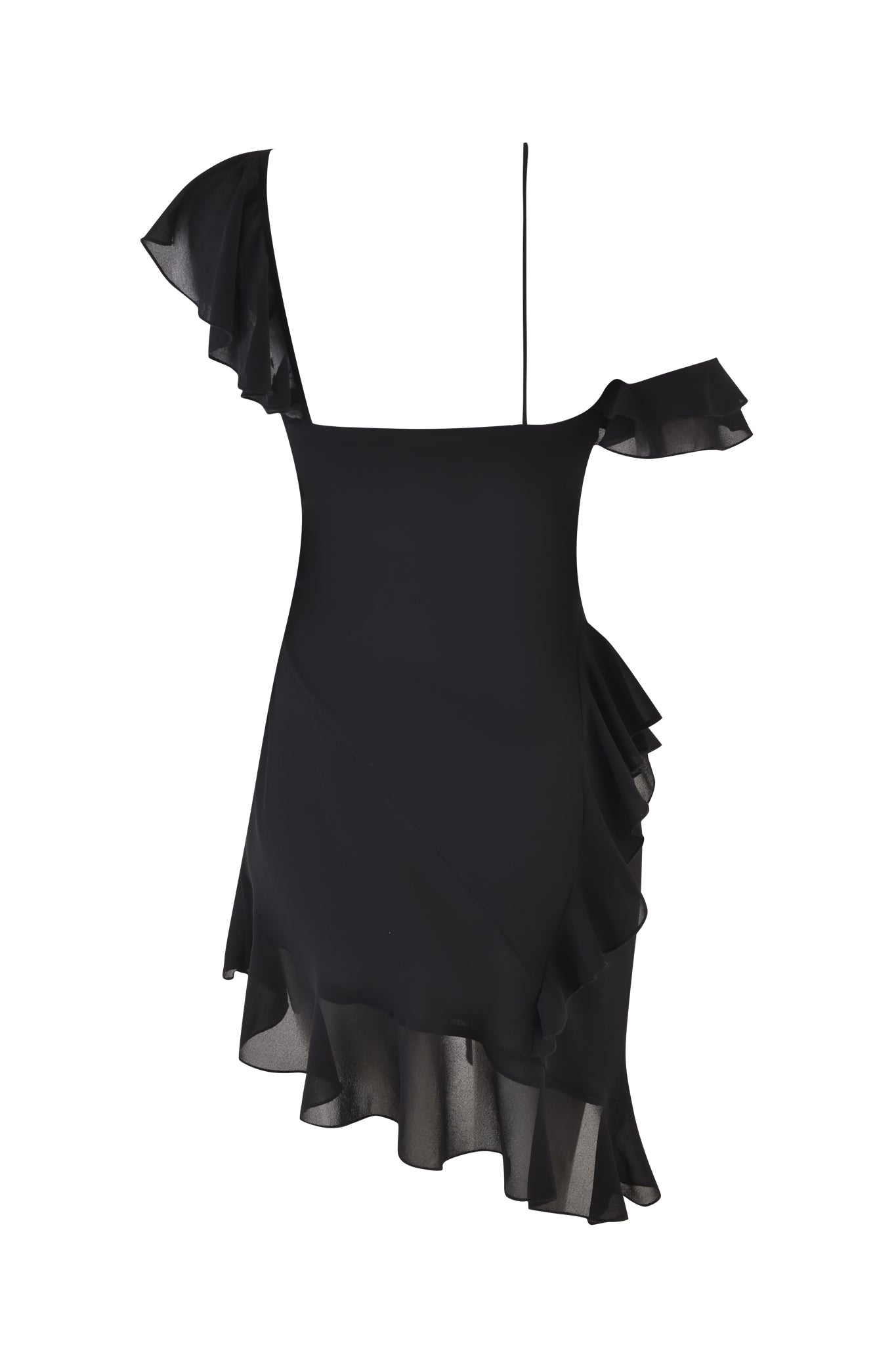 The JULIETTA MINI DRESS by I.AM.GIA is a black asymmetrical dress with ruffled sleeves and hem, featuring a single shoulder strap and layered, flowing design. The stylish asymmetrical hemline adds a modern touch, making it perfect for any elegant occasion.