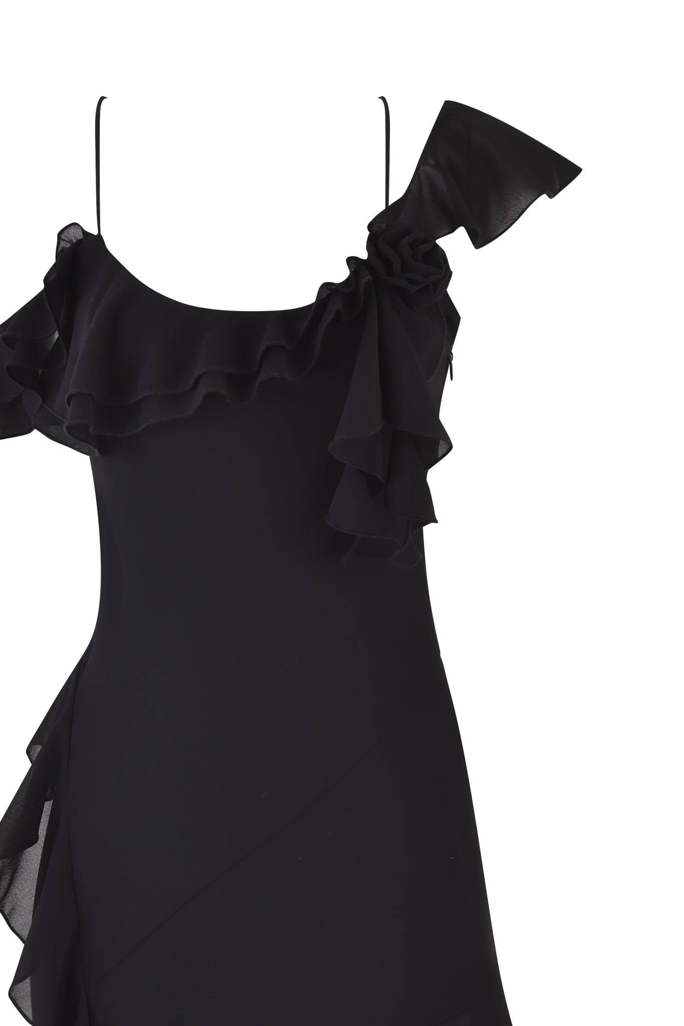 The I.AM.GIA JULIETTA MINI DRESS in black features an asymmetrical design with thin straps, a ruffled neckline, and one shoulder. The fitted silhouette and asymmetrical hem enhance its stylish elegance.