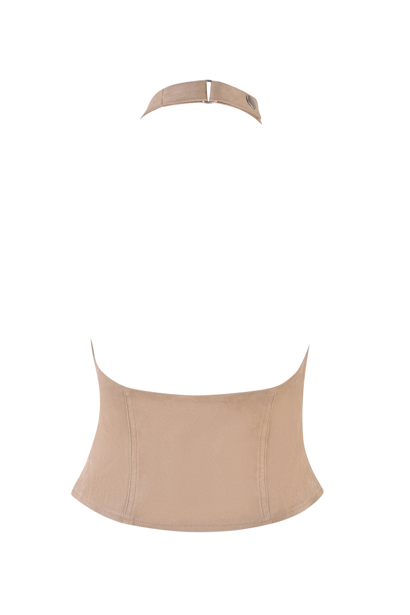 The ZEPHYR TOP in beige by I.AM.GIA offers a luxurious look with its faux suede halter corset design, featuring an open back and neck button closure. The sleek fabric and bodycon fit provide a modern, sophisticated style against a white background.