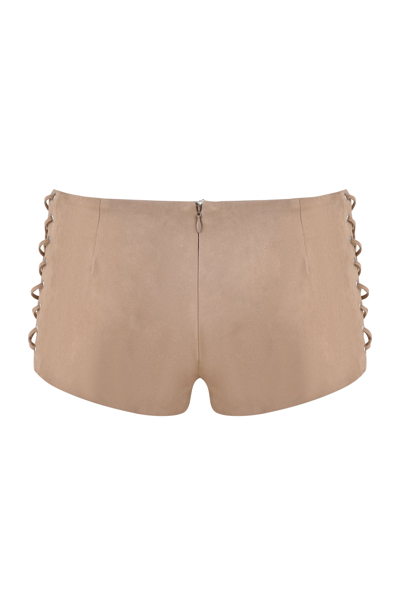 The RAMONA SHORT - BEIGE : TAN by I.AM.GIA are low-rise faux suede shorts with a back zipper closure and side lace-up details, offering a smooth, fitted look for chic style.