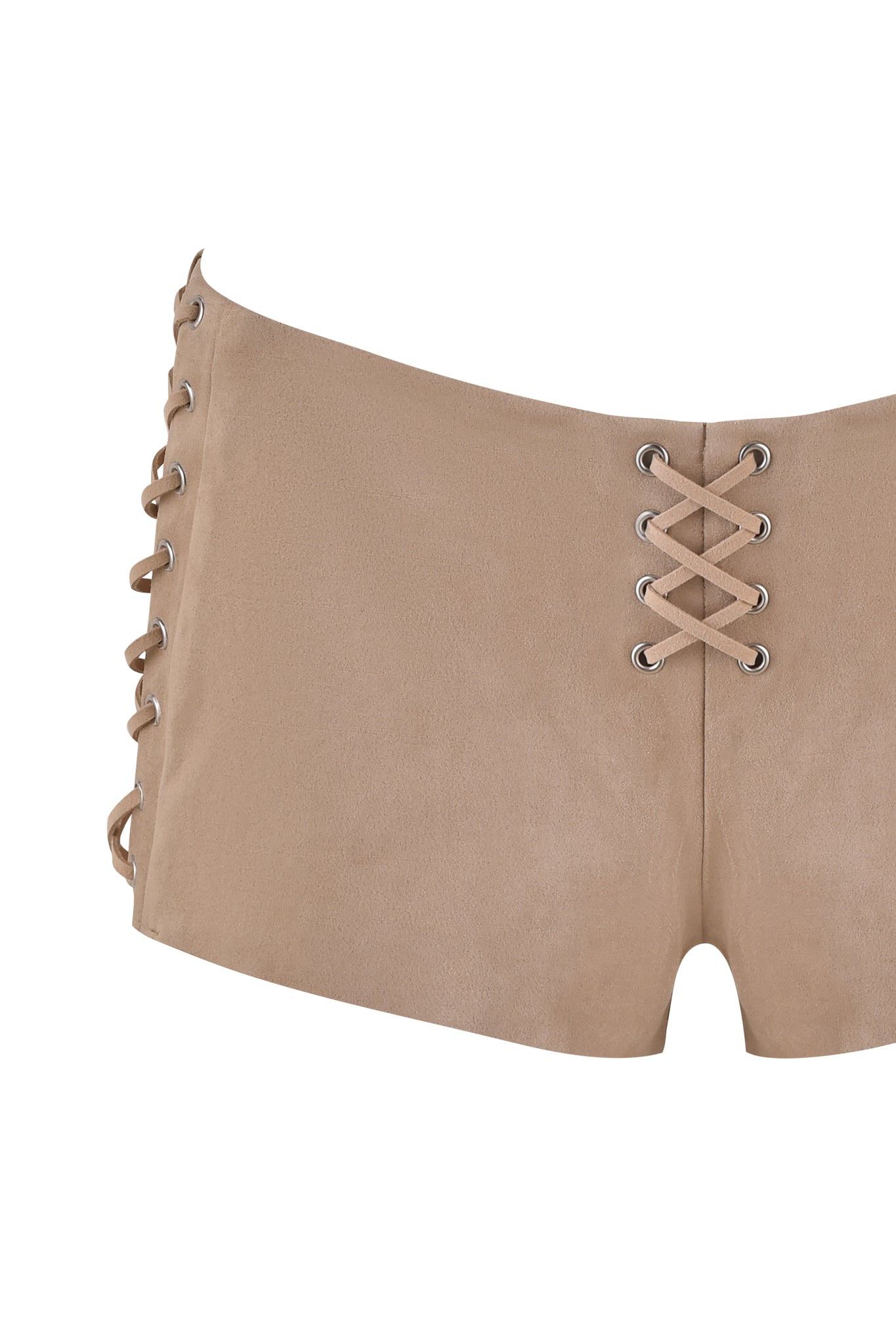The I.AM.GIA RAMONA SHORT - BEIGE : TAN are bodycon faux suede hot shorts, featuring a low-rise fit with stylish crisscross lace-up design on the front and sides.