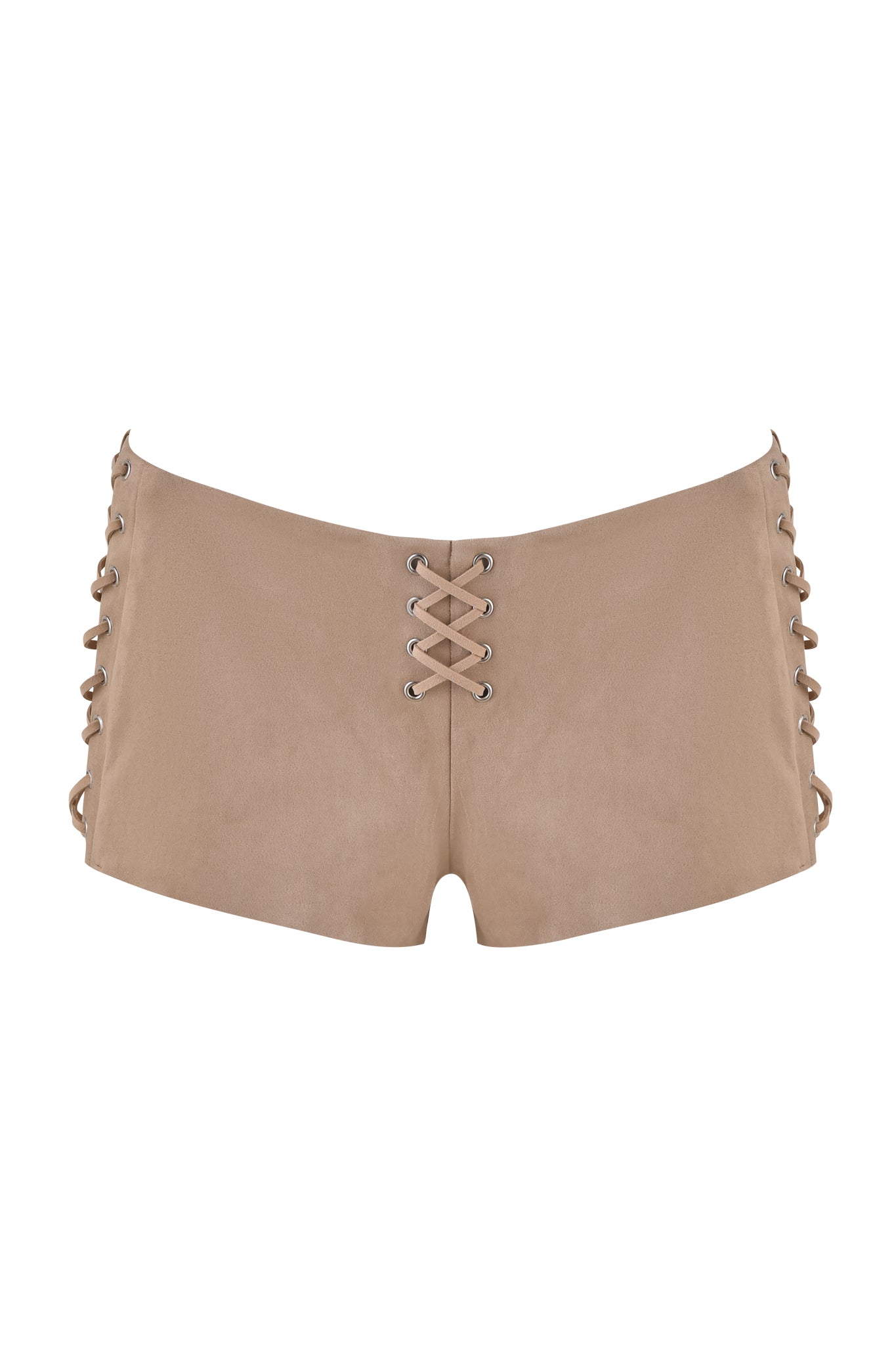 The RAMONA SHORT by I.AM.GIA in tan is a chic faux suede piece. These low-rise shorts showcase lace-up accents with metallic eyelets on the front and sides, offering a fitted, stylish design with a soft, smooth texture.