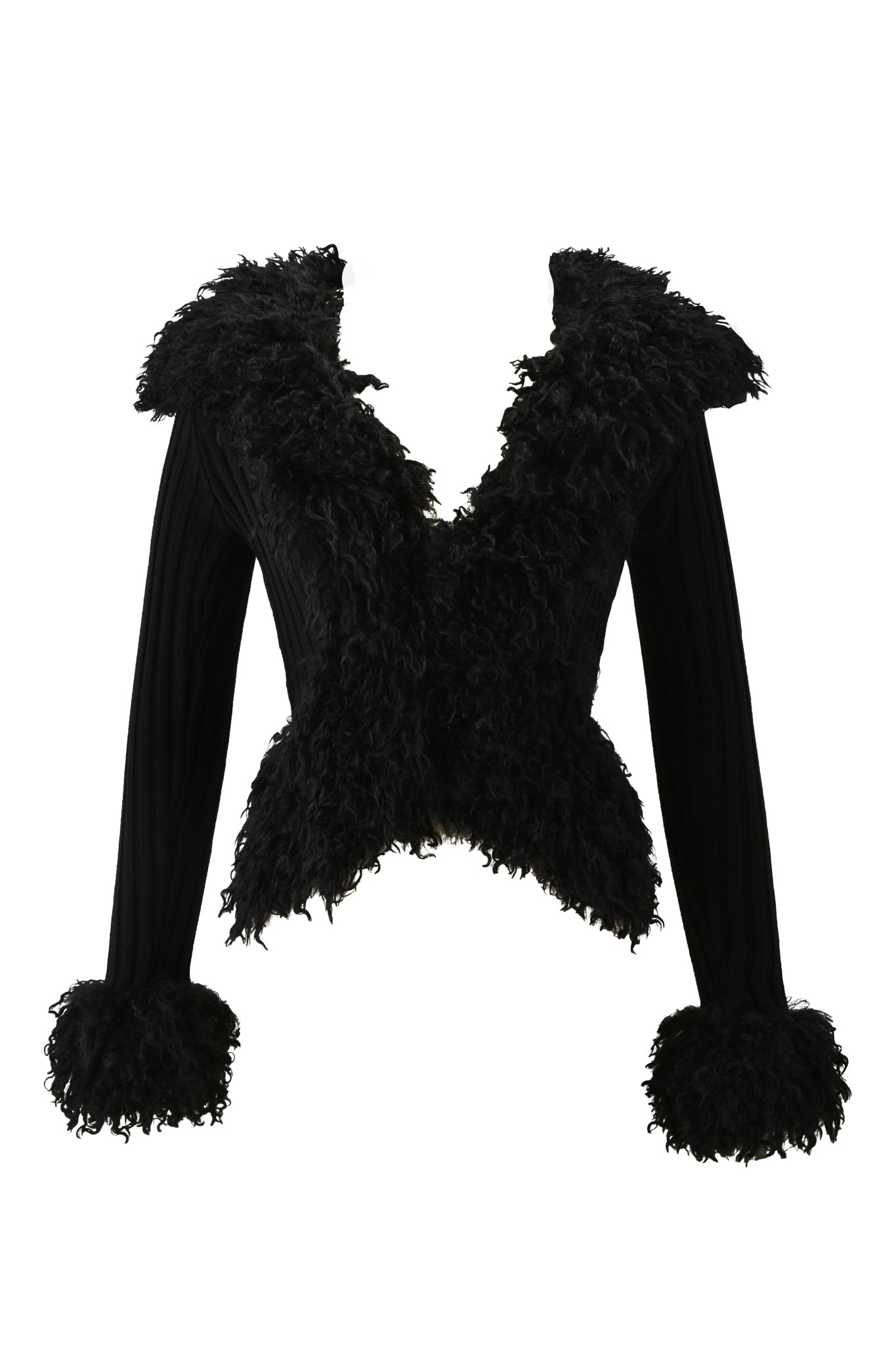 The I.AM.GIA CRESSIDA JACKET - BLACK is a long-sleeve piece with a deep V-neck, finished with shaggy faux fur collar and trim at the cuffs and hem for standout style.