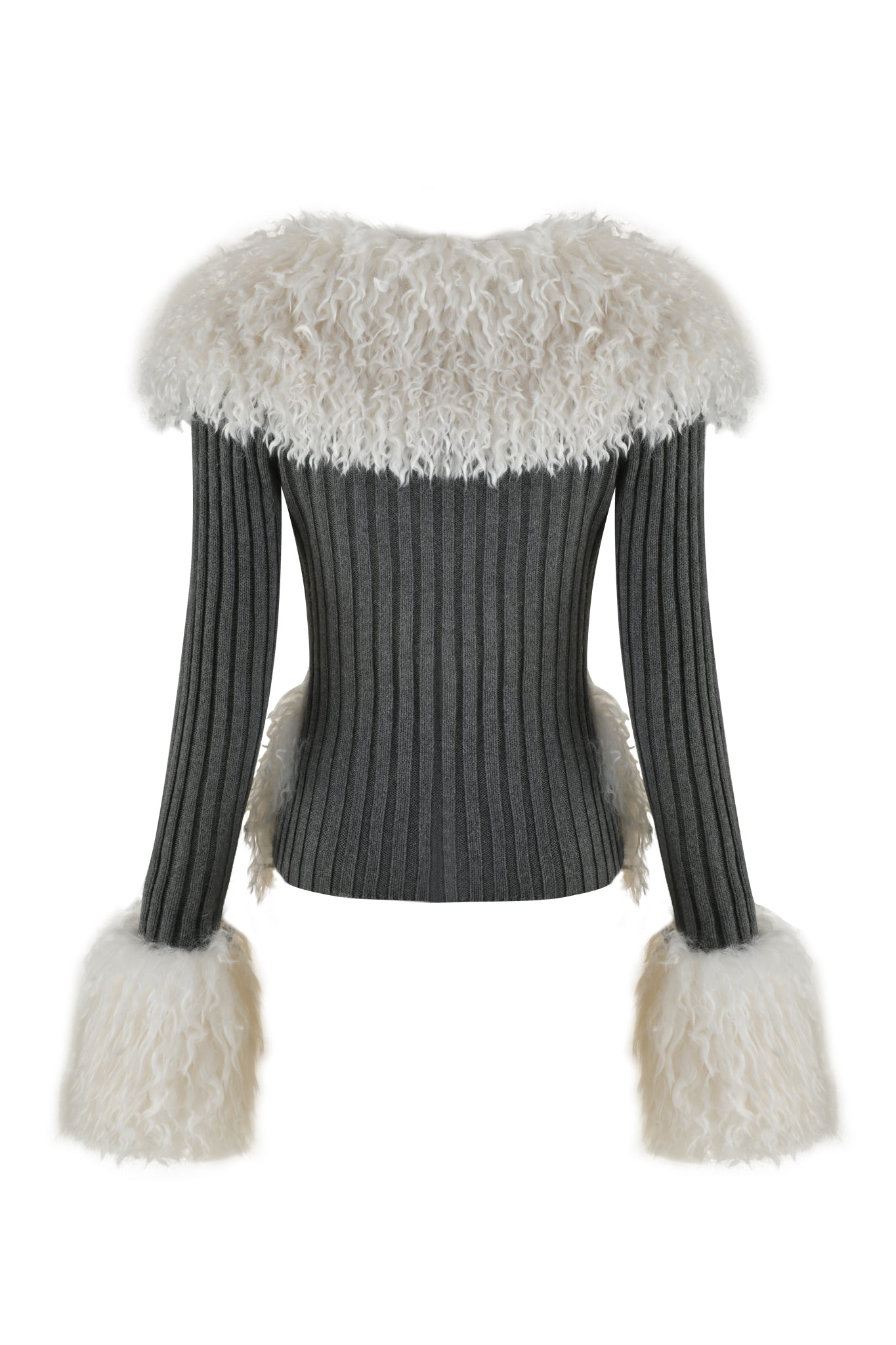 Back view of the I.AM.GIA CRESSIDA JACKET in grey, featuring a faux fur collar and white faux fur on shoulders and cuffs. This mid-stretch rib knit design combines texture with warmth for a chic, cozy look.