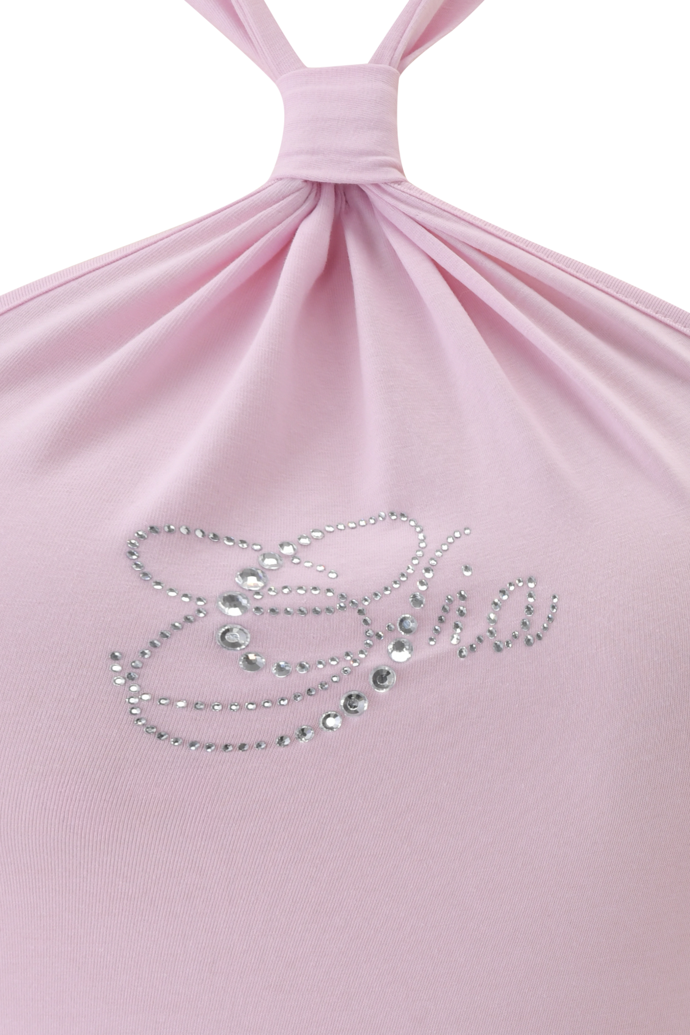 A close-up of the I.AM.GIA ROWAN TOP - BABY PINK, featuring "Eva" in cursive rhinestones on bamboo fabric. The body-con fit is enhanced with gathered and knotted detailing at the top.