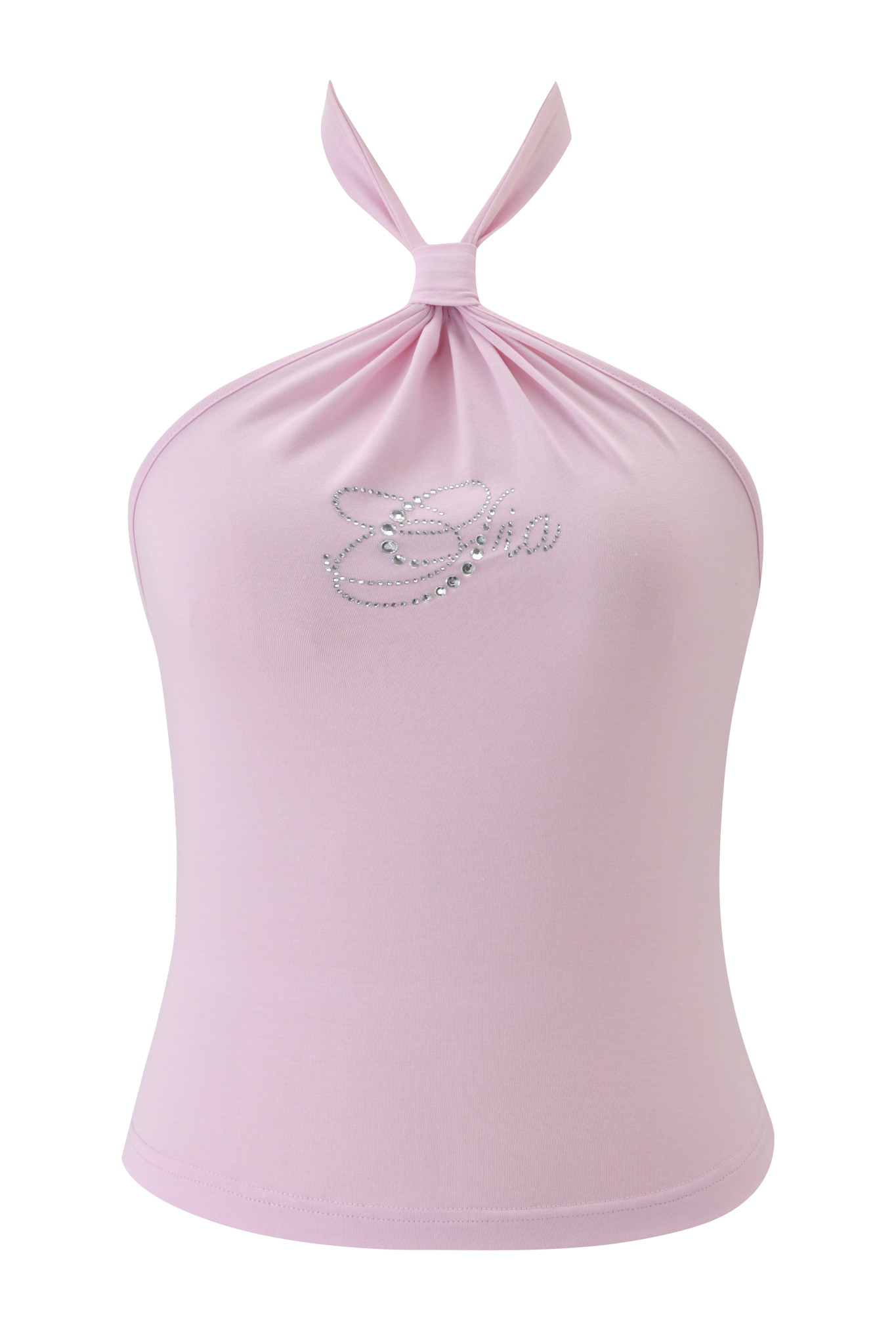 The ROWAN TOP - BABY PINK by I.AM.GIA features a body-con fit, a knotted halter neckline, and rhinestone "chic" cursive embellishment across the chest.