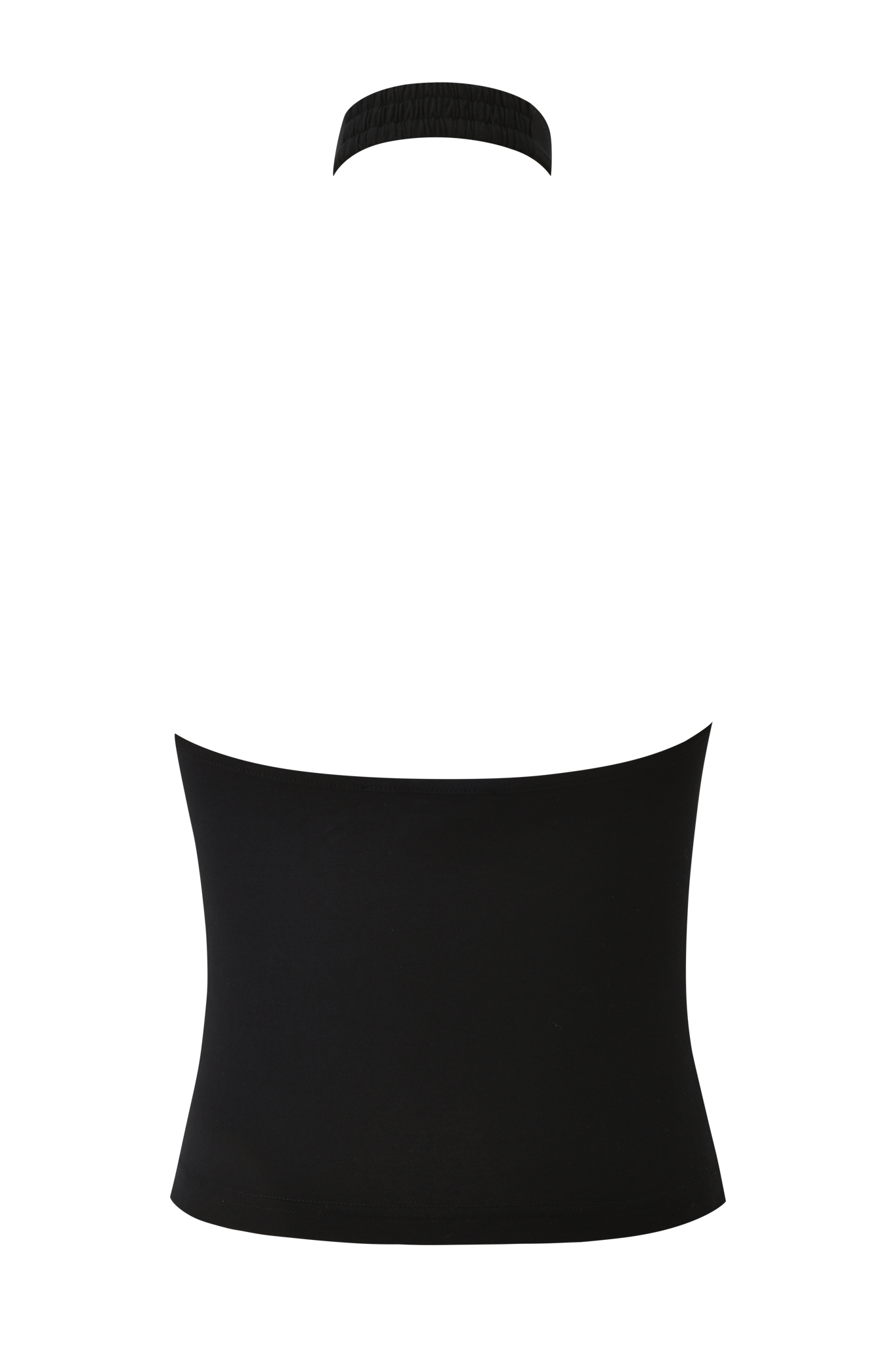 The ROWAN TOP - BLACK by I.AM.GIA is a fitted, sleeveless halter-neck crop top with a high neckline and elasticated neck strap, shown on a plain background.