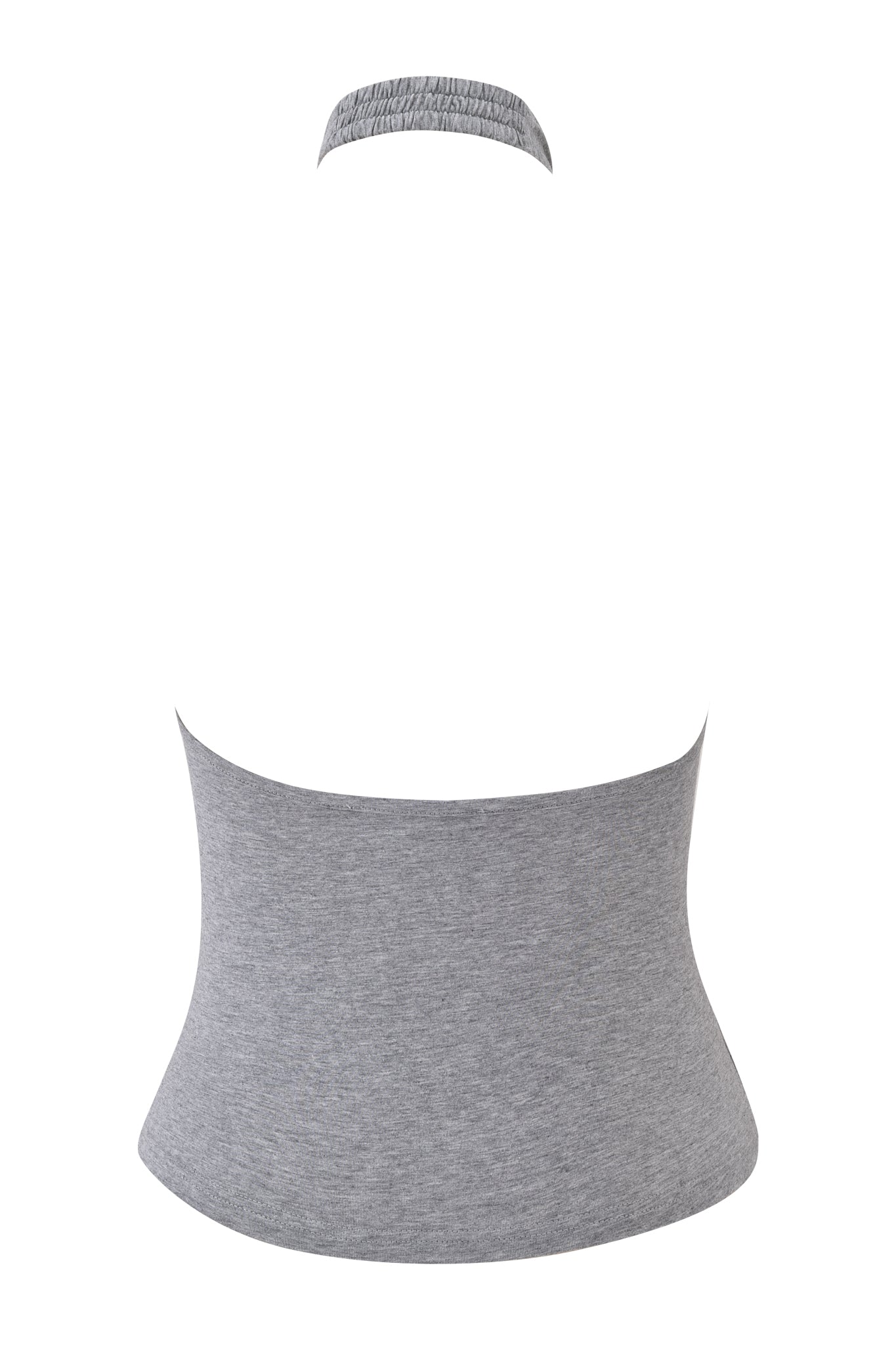 The ROWAN TOP - HEATHER GREY by I.AM.GIA is a gray, sleeveless bodycon jersey top seen from the back, featuring an elastic halter strap and seamless, fitted design for a soft, stretchy, and flattering fit.